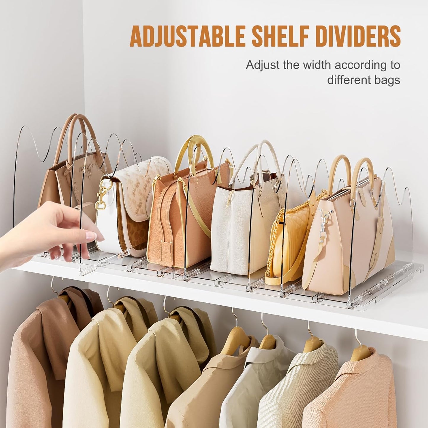 Bag & Purse Organizer for Closet, 2 Pack Adjustable Clear Handbag Storage Holder, Acrylic Shelf Dividers for Closet Organizers and Storage - Keep Carteras & Pocketbook Upright