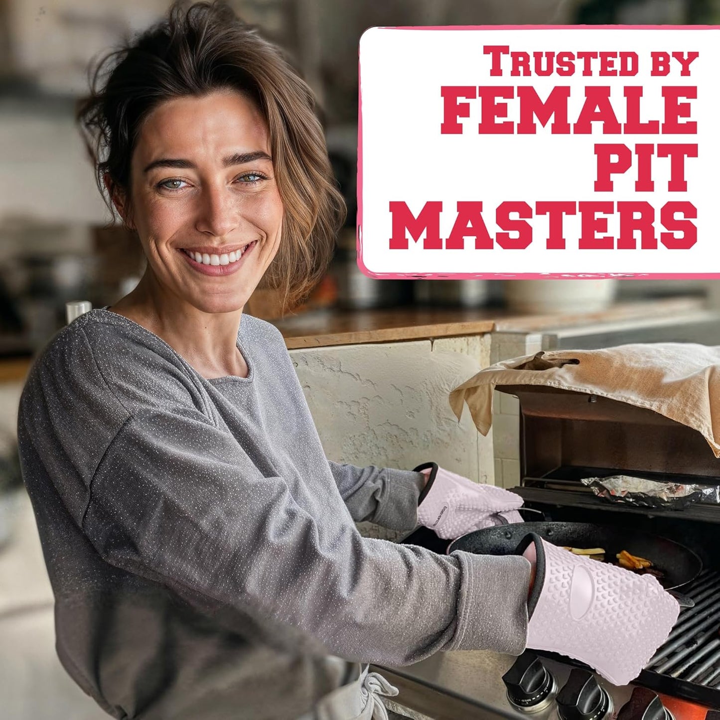 KITCHEN PERFECTION Silicone Smoker Oven Gloves for Women -Extreme Heat Resistant BBQ Gloves -Handle Hot Food Right on Your Smoker Grill Fryer|Waterproof Oven Mitts Grill |Superior Set+3 Bonuses