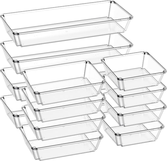12 Pack Large Clear Plastic Drawer Organizer Trays, Desk Drawer Organizers and Storage Dividers, Non-Slip Storage Bins for Jewelry, Snacks, Office, Bathroom, Bedroom and Kitchen
