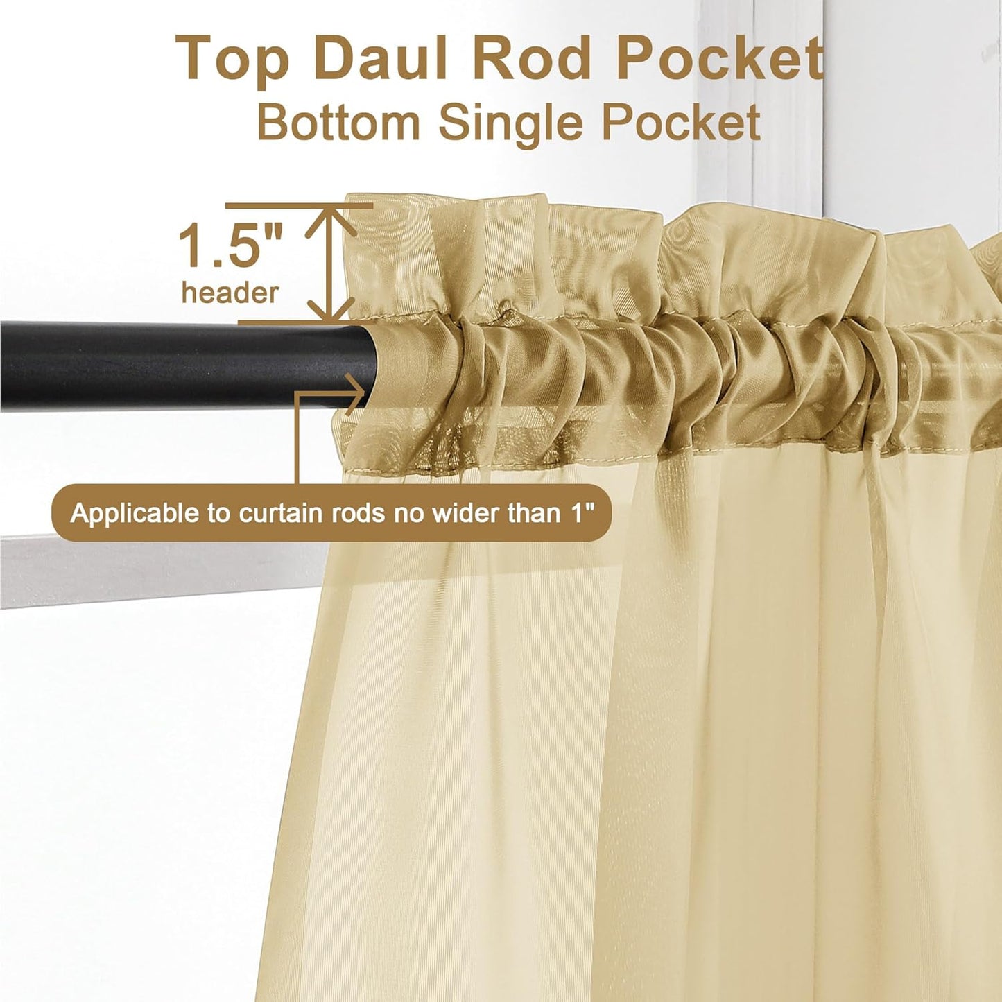 Chyhomenyc Sheer Gold Curtains 90 inches Long 2 Panels, Light Filtering Soft Airy Solid Elegant Voile Window Treatment Drapes for Bedroom Living Room Wedding Party Decor, 42 Wx90 L Inches