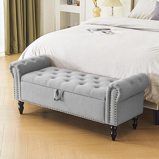Furnimart Storage Ottoman Bench for Queen Size Bed, Faux Linen Upholstered Storage Bench Accent Bench with Rolled Arms for Bedroom,Living Room, Entryway, 2.5Cubic Feet