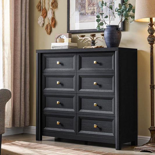 Farmhouse Dresser for Bedroom, 41" Tall Black Dresser with 8 Drawers, Soide Rustic Wood Vintage Dressers Chest of Drawers for Bedroom, Living Room, Hallway