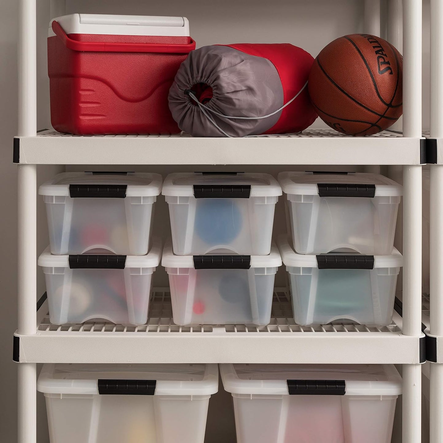 IRIS USA 13 Qt Stackable Plastic Storage Bins with Lids, 6 Pack - BPA-Free, Made in USA - Discreet Organizing Solution, Latches, Durable Nestable Containers, Secure Pull Handle - Pearl