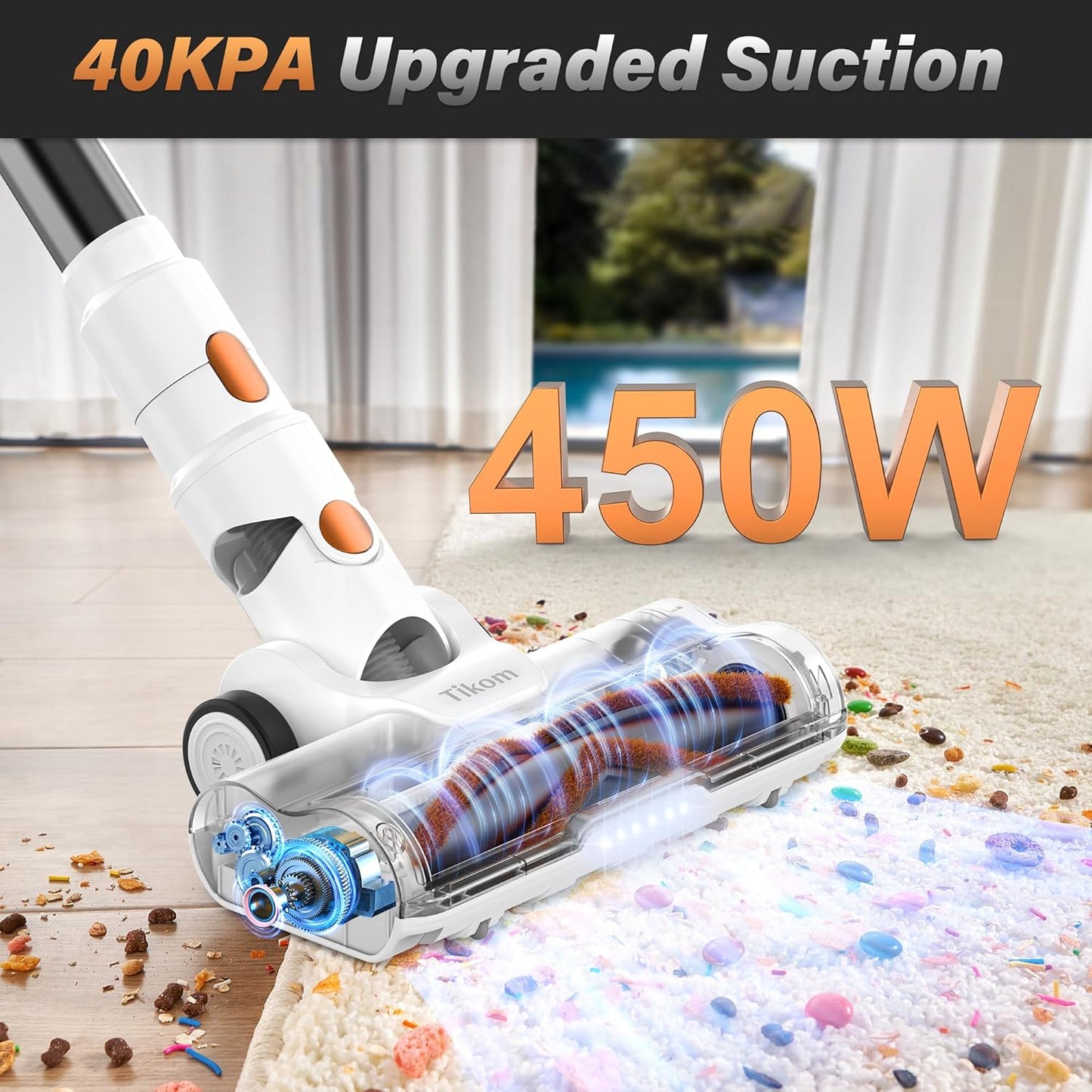Tikom V500 Cordless Vacuum Cleaner for Home, 40000Pa/450W Stick Vacuum with LED Touch Screen, Charging Wall Dock, Anti-Tangle, Lightweight Handheld Vacuum for Pet Hair, Hard Floor, Carpet