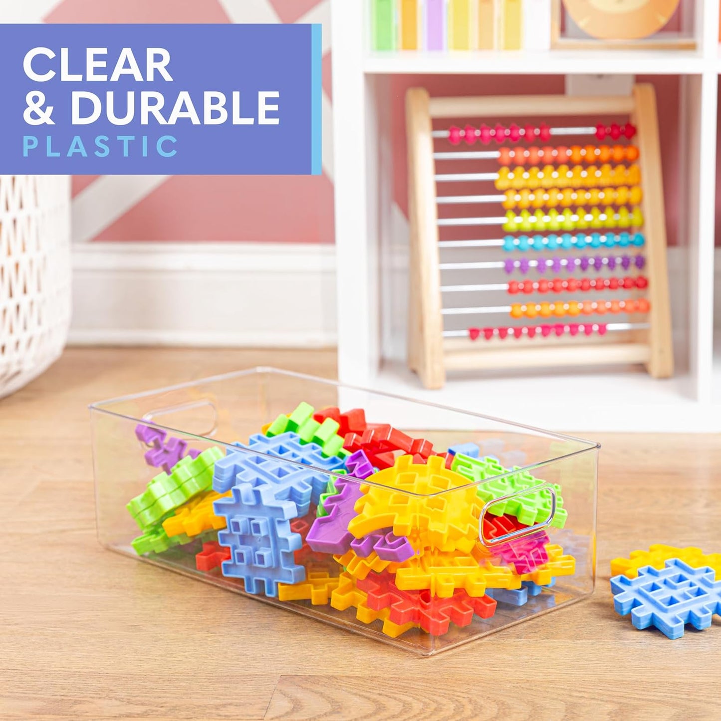 Plastic Food Storage Clear Container Bin with Handles for Organizing Kitchen, Pantry, Refrigerator, Freezer, Pantry, Cabinet, Closet, Bathroom. 16”x8”x5”