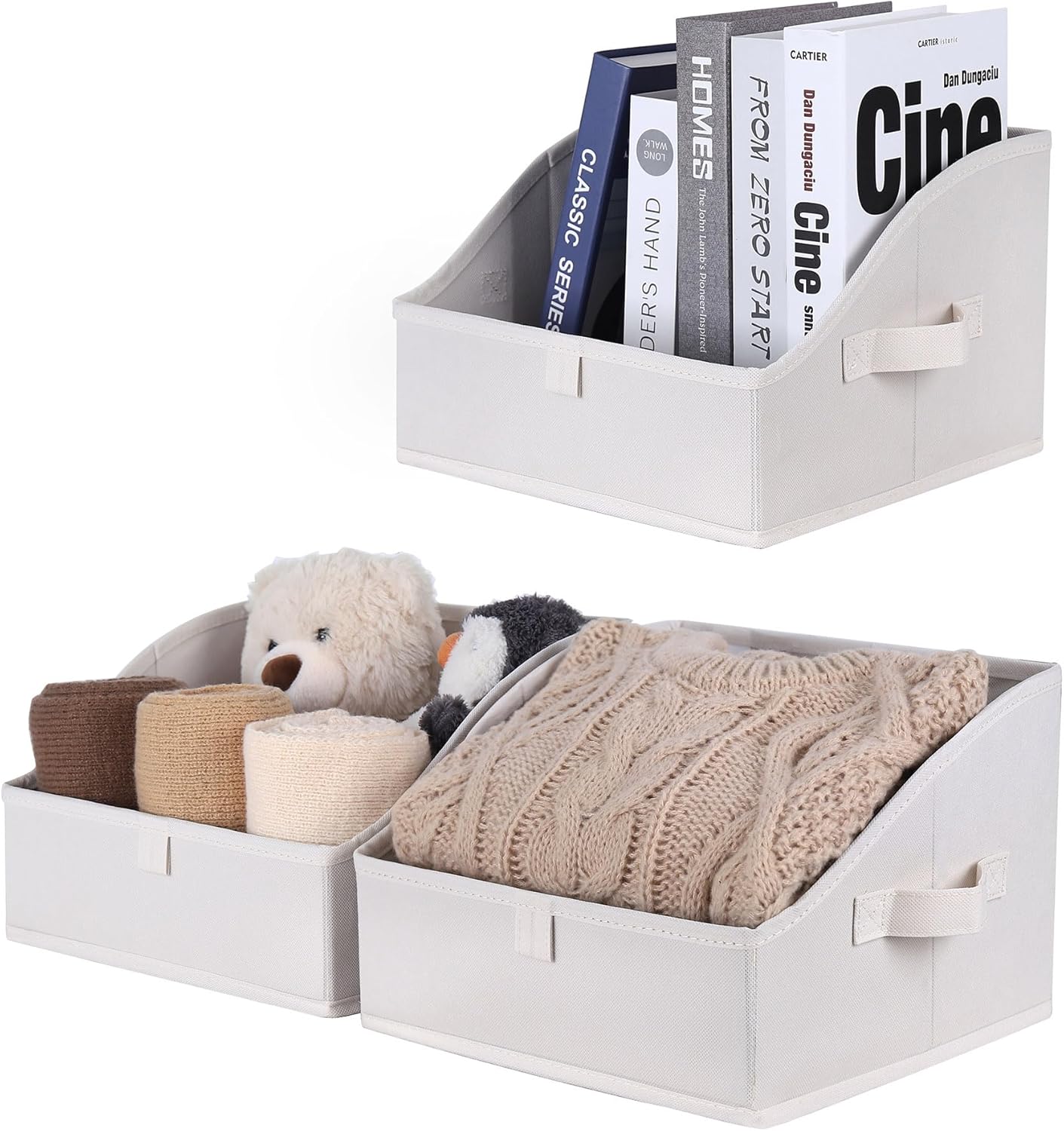 WUIKE Closet Storage Bins, Large Trapezoid Storage Boxes with Handles, Fabric Storage Baskets for Organizing Clothes, Sheets, Blankets, Decorative Storage Bins, White & Beige