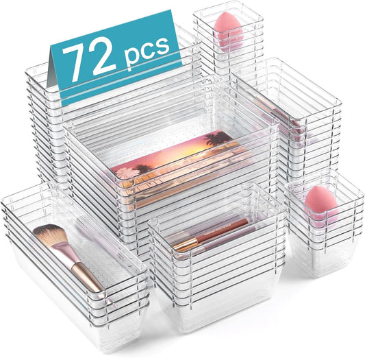 Vtopmart 72 PCS Clear Plastic Drawer Organizers Set, 4-Size Versatile Bathroom and Vanity Organizer Trays, Non-Slip Storage Containers for Makeup, Jewelries, Bedroom，Kitchen Utensils and Office