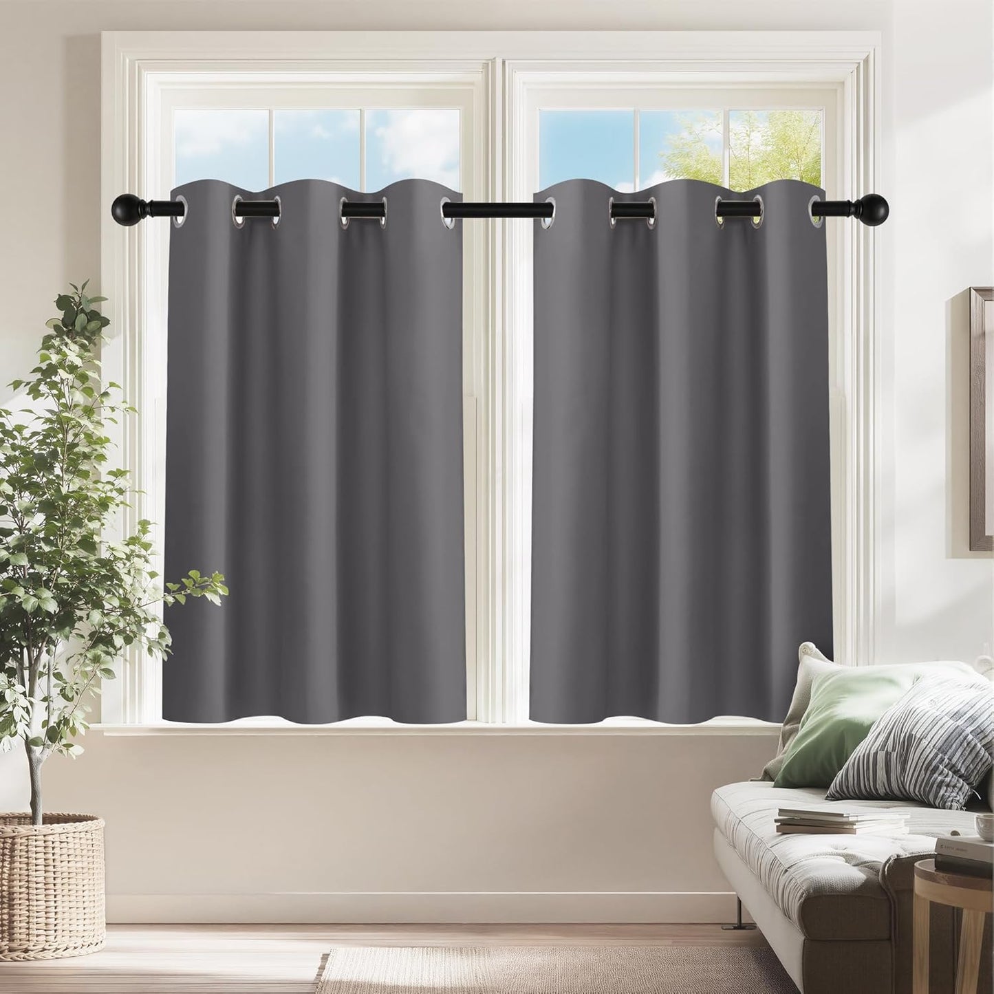 PONY DANCE Short Gray Blackout Curtains for Kitchen Over Sink 36 inch Long, Thermal Insulated Black Out Cafe RV Bunk Panels, Grommet Drapes for Bathroom Basement Small Window(2 Panels, 34 inches Wide)
