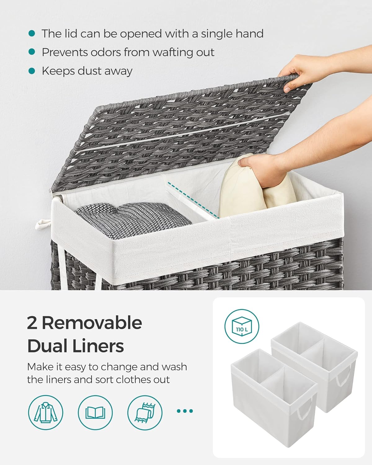 SONGMICS Laundry Hamper with Lid, 110L Clothes Hamper with 2 Removable Liner Bags, 6 Mesh Bags, Wicker Laundry Basket, Double Laundry Hamper for Bathroom, 13 x 22.4 x 23.6 Inches, Gray ULCB52WG