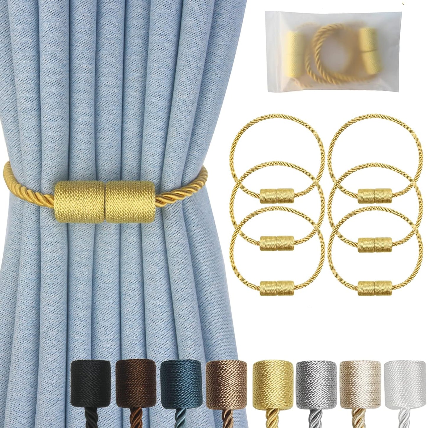 Magnetic Curtain Tiebacks 6 Pack Gold Curtain Rope Tieback Curtain Holders for Drapes Modern Tie Backs Decorative Curtain Holdbacks