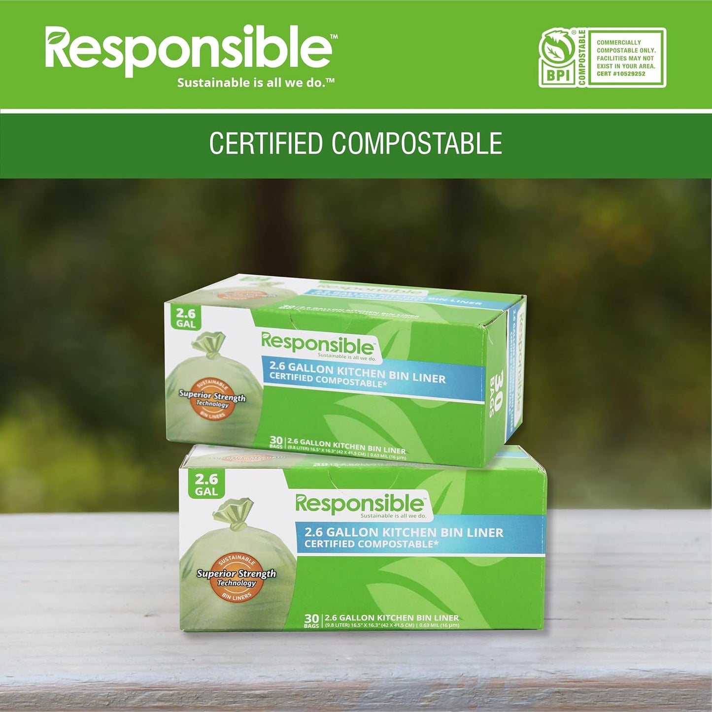 Responsible Products Kitchen Bin Liners, Certified Compostable, Heavy Duty Multipurpose Food Scrap Bags, Made from Compostable Materials (2.6 Gallon Flat Top, 2.6 Gallon (30 Count))