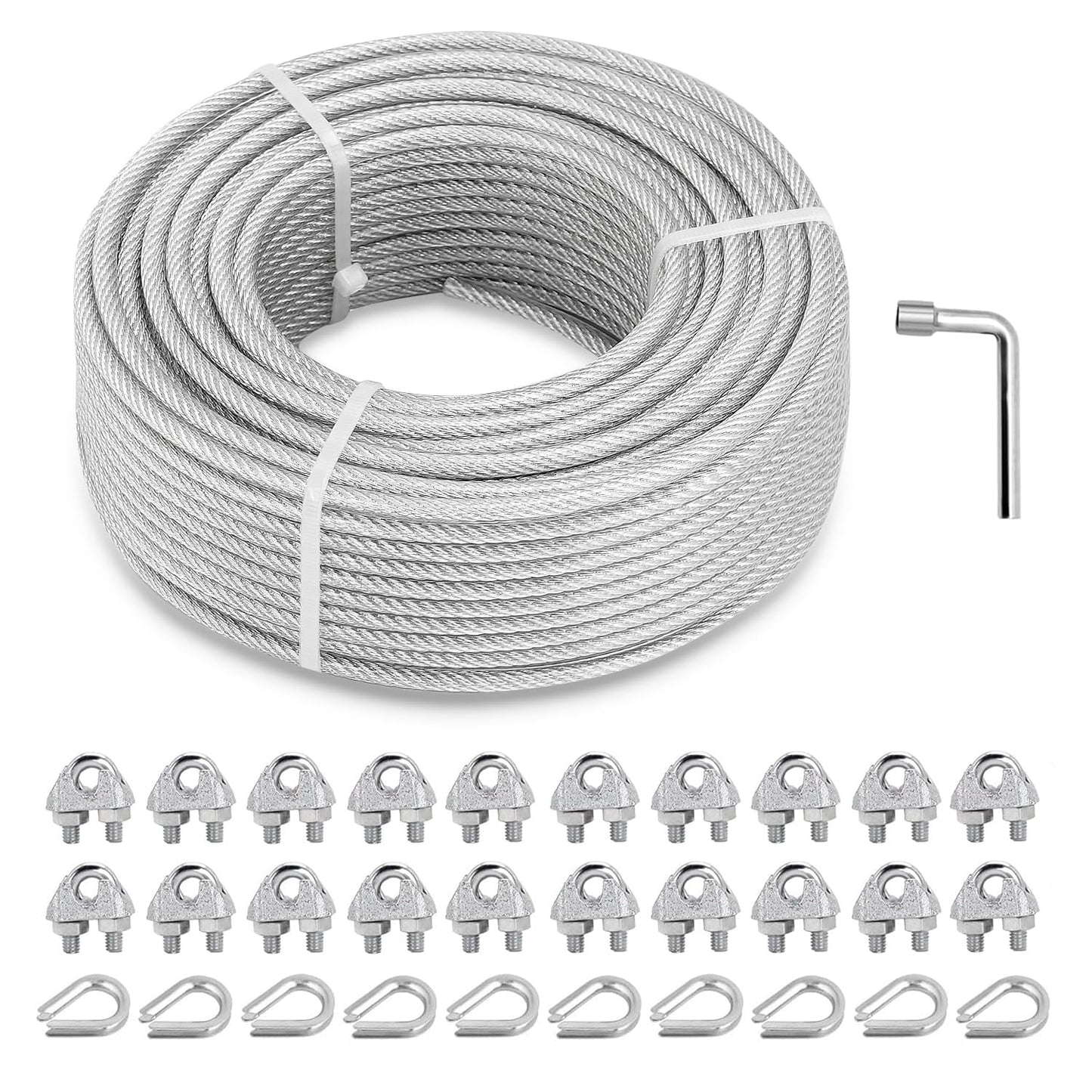 3/16" Wire Rope Kit, 100Ft PVC Coated Steel Cable Guide Wire Tensioner Strainer Kit w/ 7×7 Strand Core Steel Wire for String Light Hanging Kit/Decking & Stair Railings/Shade Sails/Clothes Line