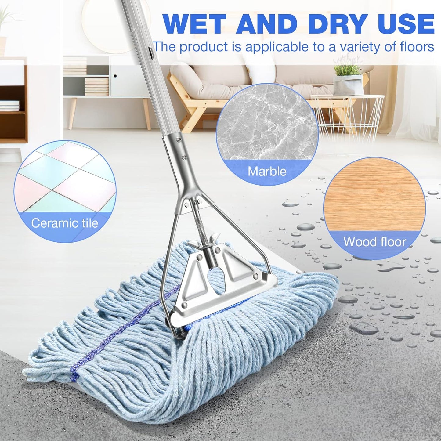 String Mop for Floor Cleaning - Heavy Duty Industrial Commercial Wet Mop with Extra Replacement Head , 59inch Handle, for Home,Garage,Office, Workshop, Warehouse Floor Cleaning