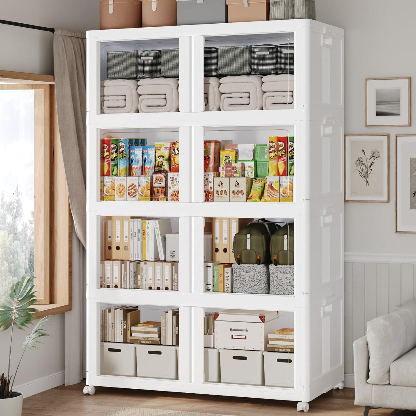 800Qt Stackable Storage Bins with Lid and Wheels, 200Gal Plastic Closet Organizer and Storage Drawer, Large Collapsible Storages Box Cabinet with Clear Door for Home Kitchen, 4Pack White