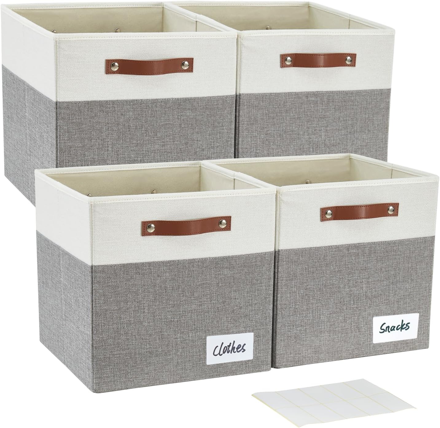 Collapsible Fabric Storage Cube Bins with 2 Reinforced PU Handles, Foldable Storage Organizer Baskets for Closet, Shelves, Living Room | 13"x13"x13", 4 Pack, Gray & White