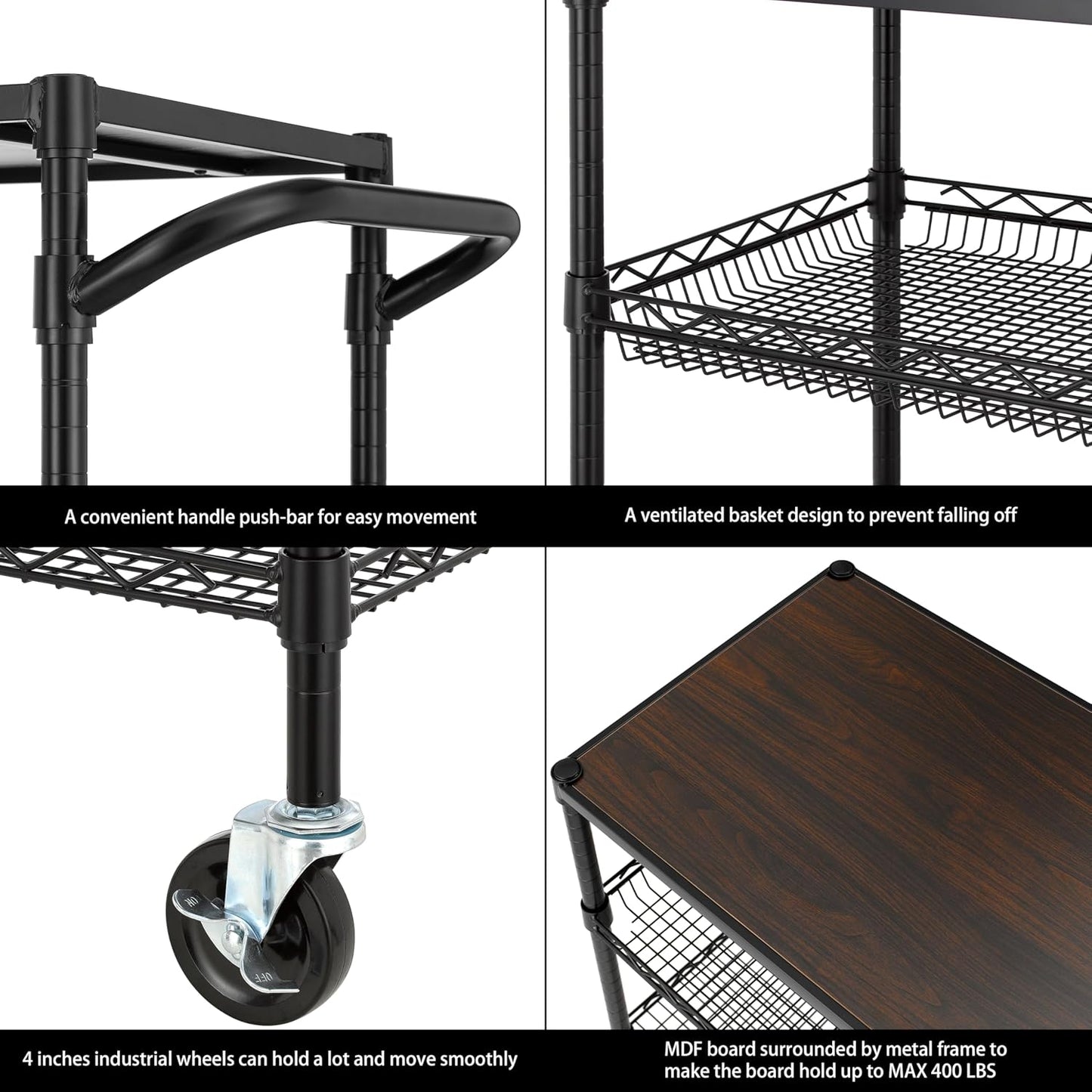 Finnhomy 3 Tier Heavy Duty Commercial Grade Utility Cart with Wood Top, Wire Rolling Cart with Wheels and Handle Bar, Kitchen Carts on Wheels, Metal Cart with 600 LBS Capacity, Black