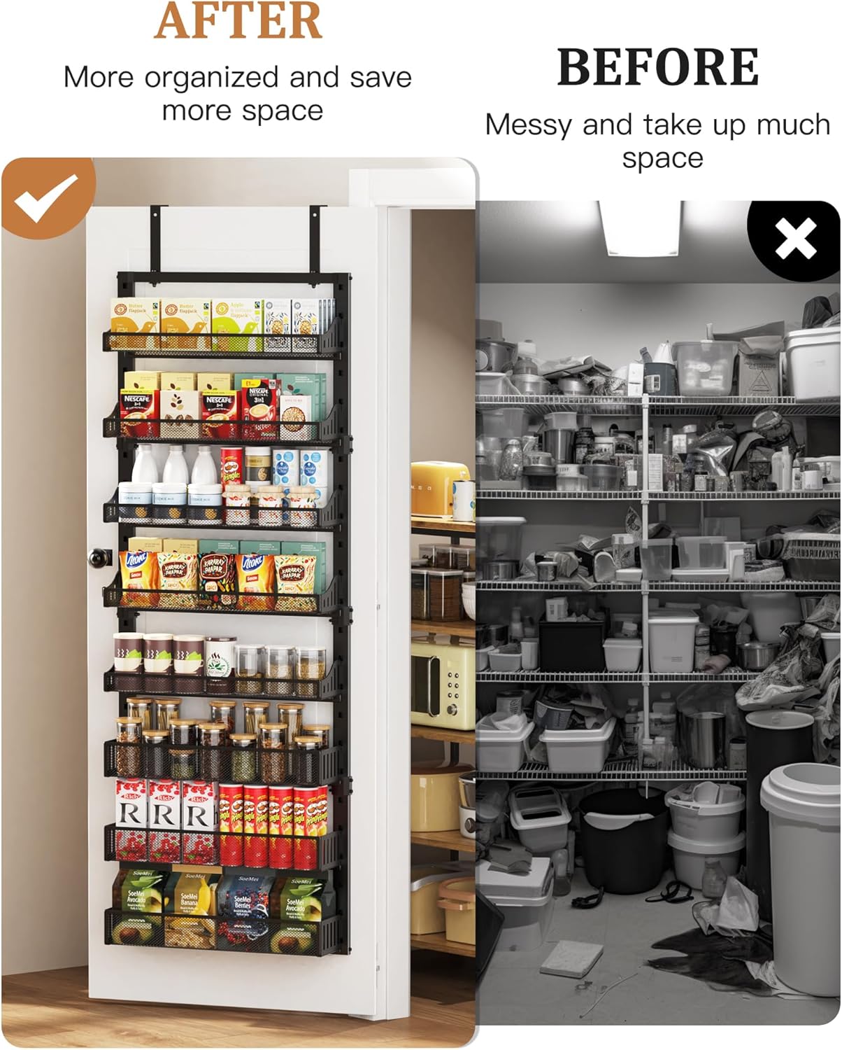 8-Tier Over the Door Pantry Organizer, Large Metal Door Spice Rack with Adjustable Basket, 2 in 1 Wall Mount or Hanging Heavy-Duty Pantry Door Storage Shelf for Kitchen and Bathroom, Black