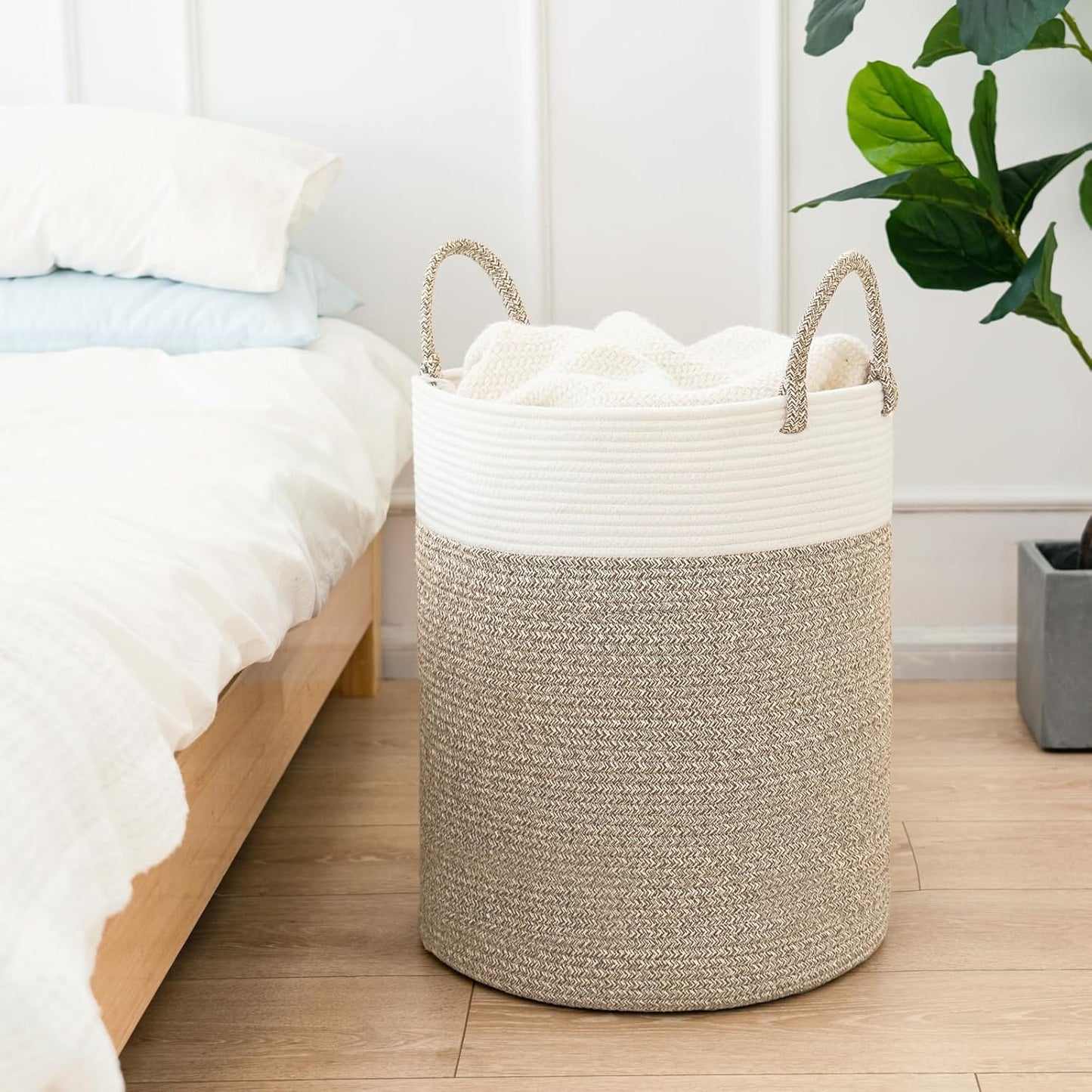 INDRESSME Tall Wicker Laundry Basket, Large Woven Clothes Hamper for Bedroom, Bathroom, Living room, Tall Nursery Hamper for Blankets, Toys, 16 x 20 inches White & Brown