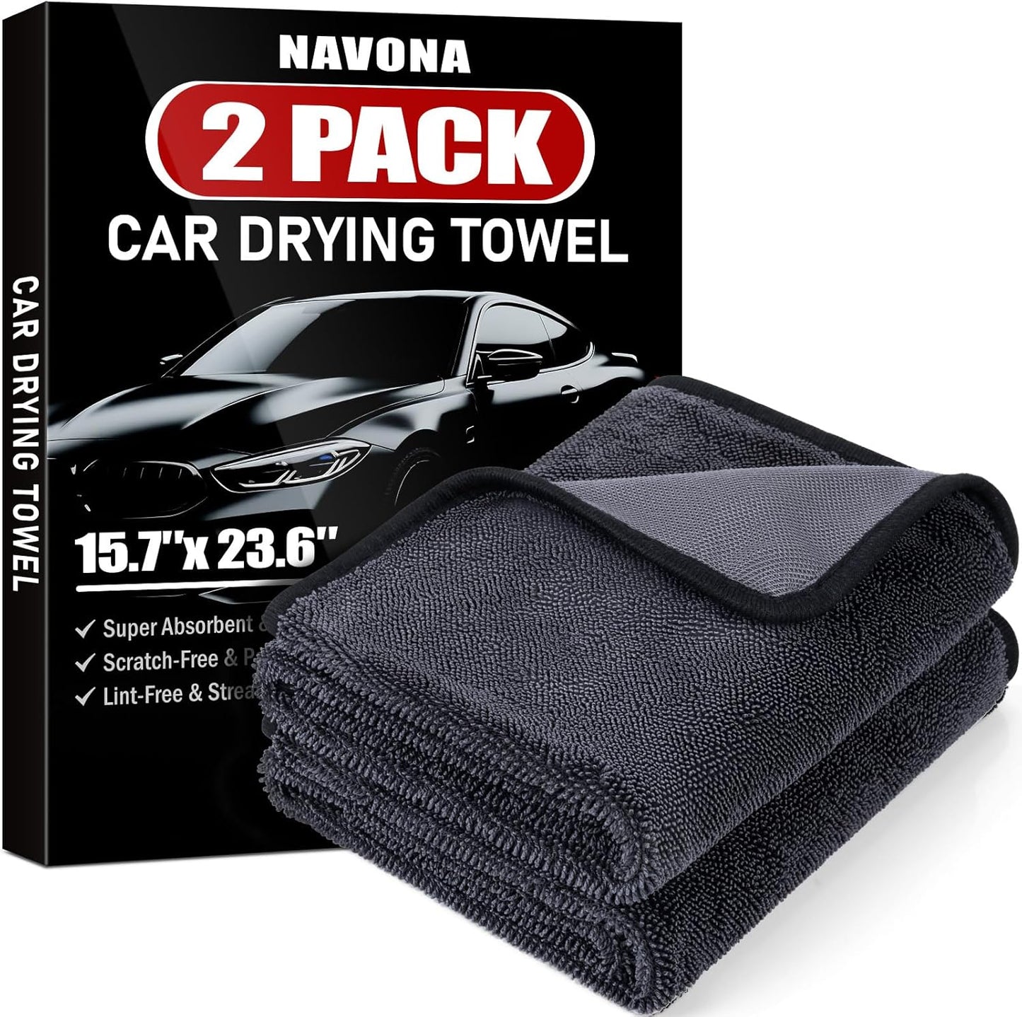 2-Pack Medium Size (23.6" x 15.7") Microfiber Towels, 600GSM Ultra Absorbent Car Drying Towels — Scratch-Free, Streak-Free, Lint-Free, Perfect for Cars, Shower Cabins, and Household Use