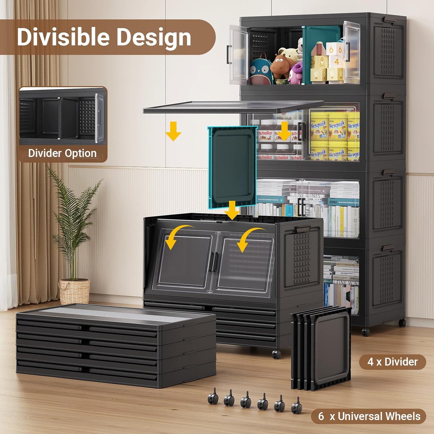 BROVIEW 52.7"H 150Gal Plastic Storage Bins with Lid & Wheels,3Pack Extra Large Stackable Storage Bins with Dividers,Closet Organizers and Storage Cabinet Collapsible Box Shelves for Home Kitchen,Black