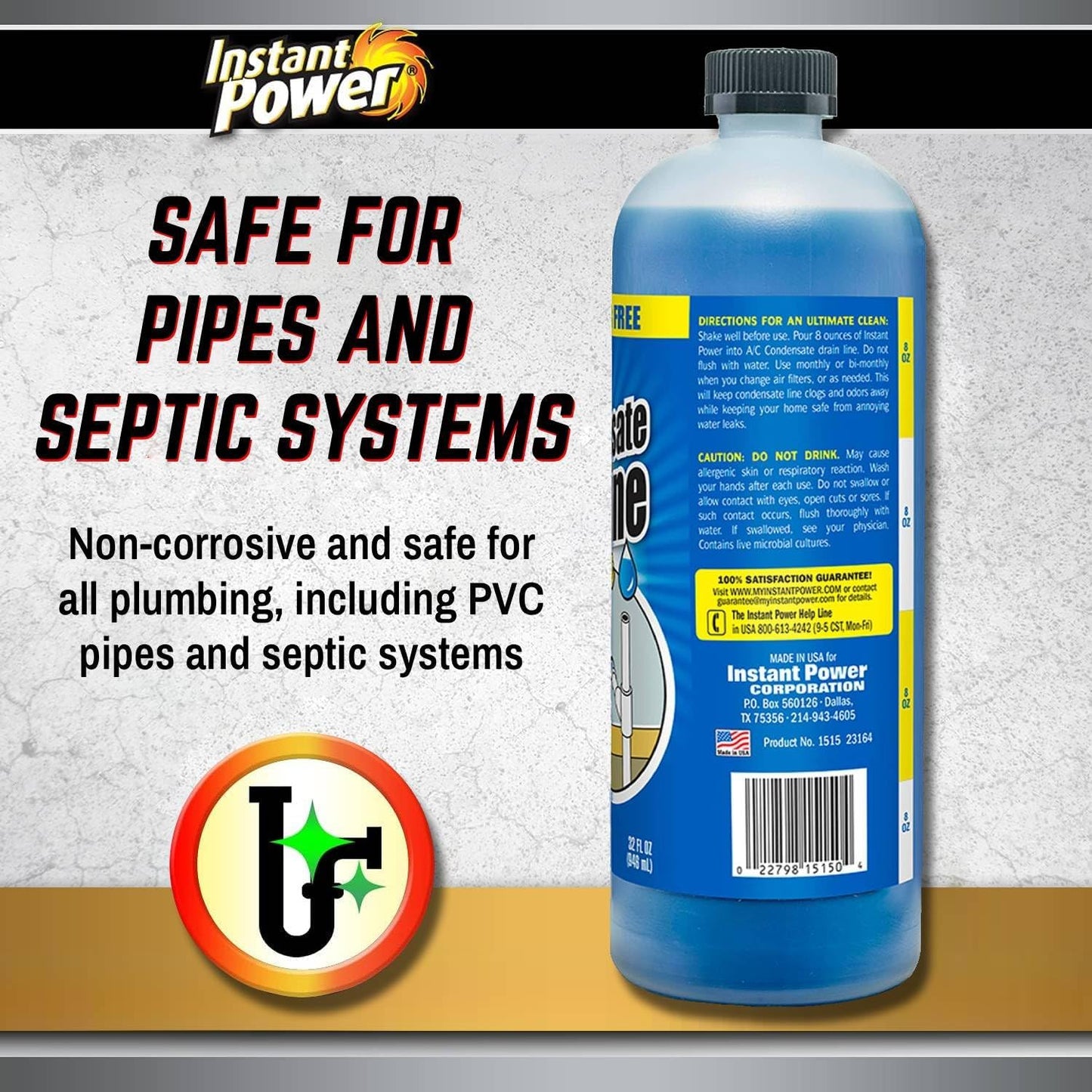 Instant Power A/C Condensate Drain Line Cleaner - AC & HVAC Unclogger for Air Conditioner Drain Lines, Prevents Odors & Water Damage, Safe for Pipes & Septic Systems - 32 oz (Pack of 1)
