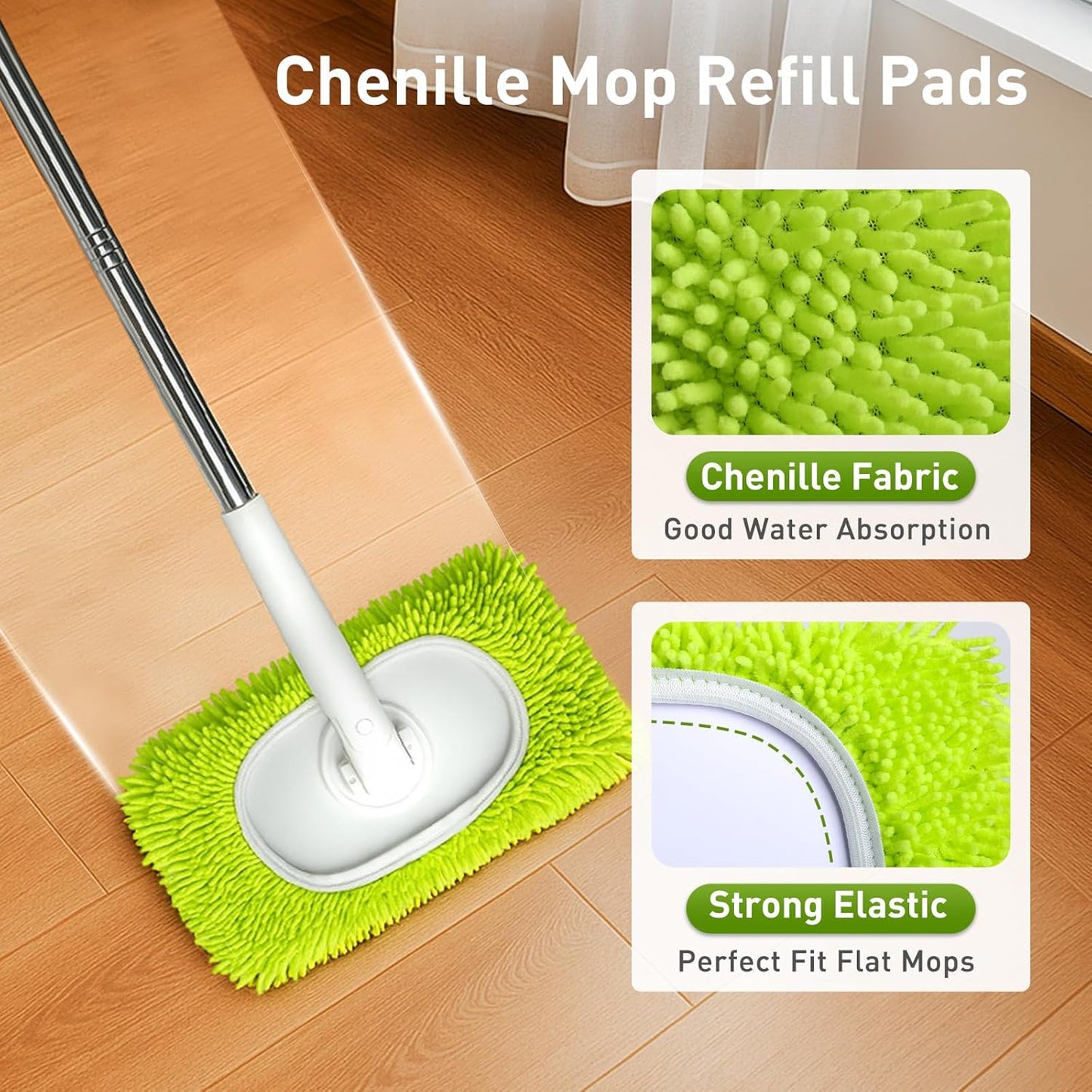 6PCS Reusable Mop Pads Fit for Flat Mops, Chenille Mop Refill Pads Washable Mop Covers, Household Replacement Mop Pads Wet & Dry Sweeping Cloths Mopping Pad Refills for Hardwood Floor Cleaning (Green)
