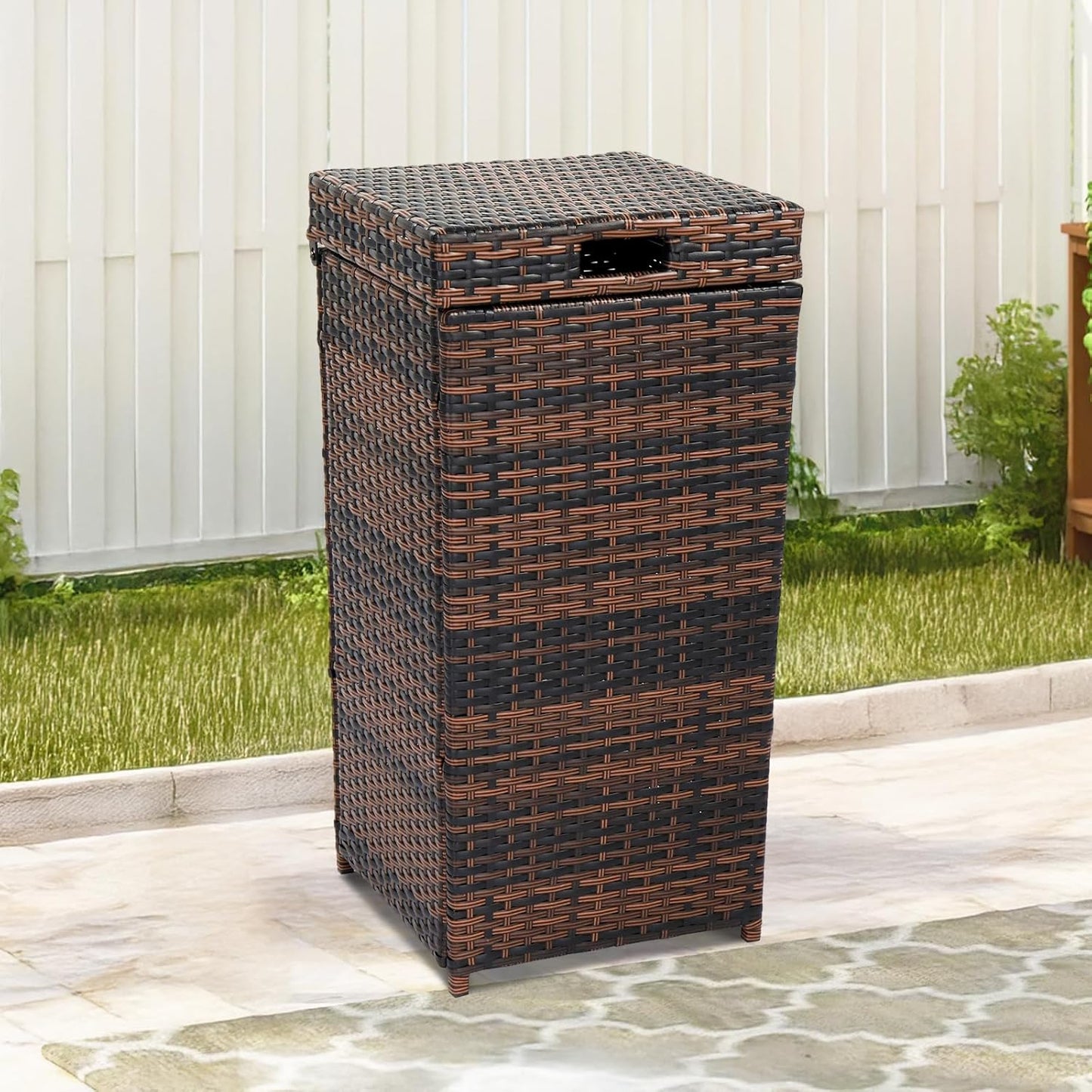 VINGLI Wicker Patio Trash Can, 27 Gallon Rattan Trash Can with Removable Lid, Outdoor Wicker Waste Basket, Wast Container (Brown)
