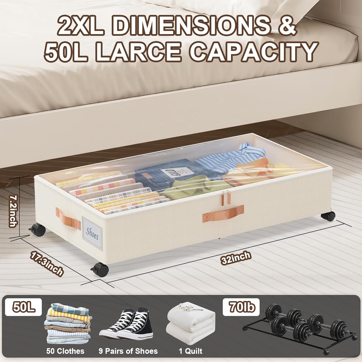 Under Bed Storage with Wheels, 2-Pack Under Bed Storage Containers with Clear Lids, XXL 65L Under the bed storage Organizer Bins, Rolling Under Bed Metal Drawer for Clothes,Shoes,Toys (White, 2-Pack)