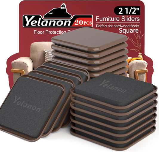 Yelanon Square Furniture Sliders – 20 PCS 2.5" Floor Protectors for Furniture – Strong Furniture Movers Sliders – Protects Floors from Scratches