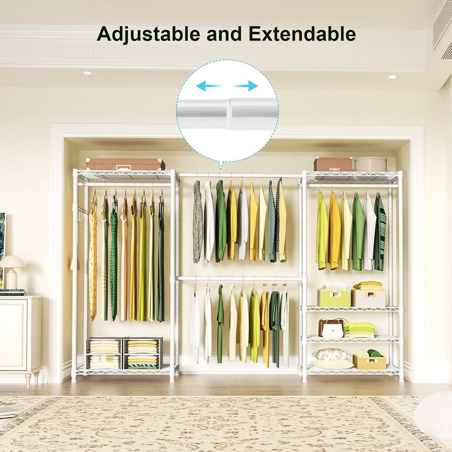 Ulif E1 Heavy Duty Closet Garment Rack, 6 Tiers Adjustable Metal Freestanding Expandable Clothing Storage with 4 Hanger Rods, Easy to Assemble Wardrobe, 71.4" H x (70" - 88.2") L x 14" D, White