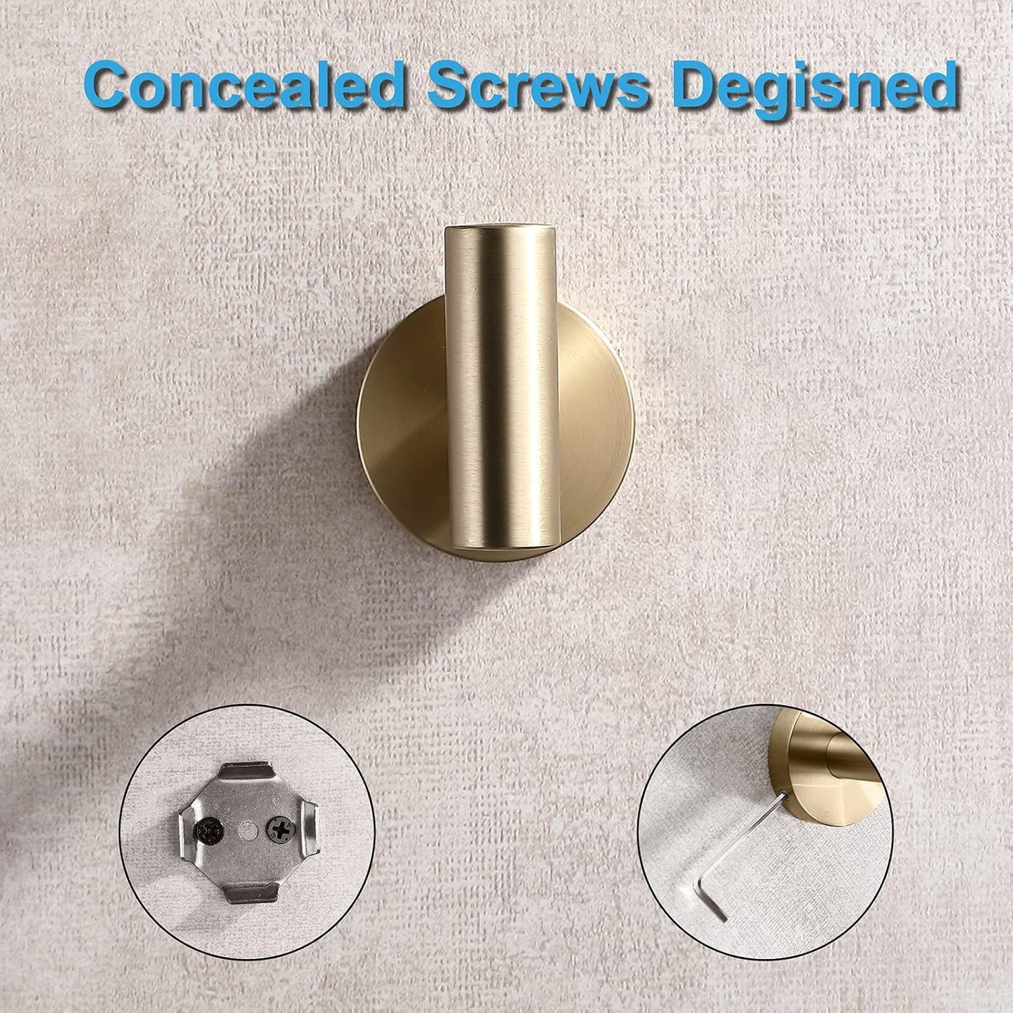 TASTOS Brushed Gold Bathroom Towel Coat Hook Stainless Steel, 2 Pack Robe Clothes Cabinet Closet Sponges Hooks Holder Round Style Heavy Duty Wall Hook for Bathroom Kitchen Hotel Wall Mounted