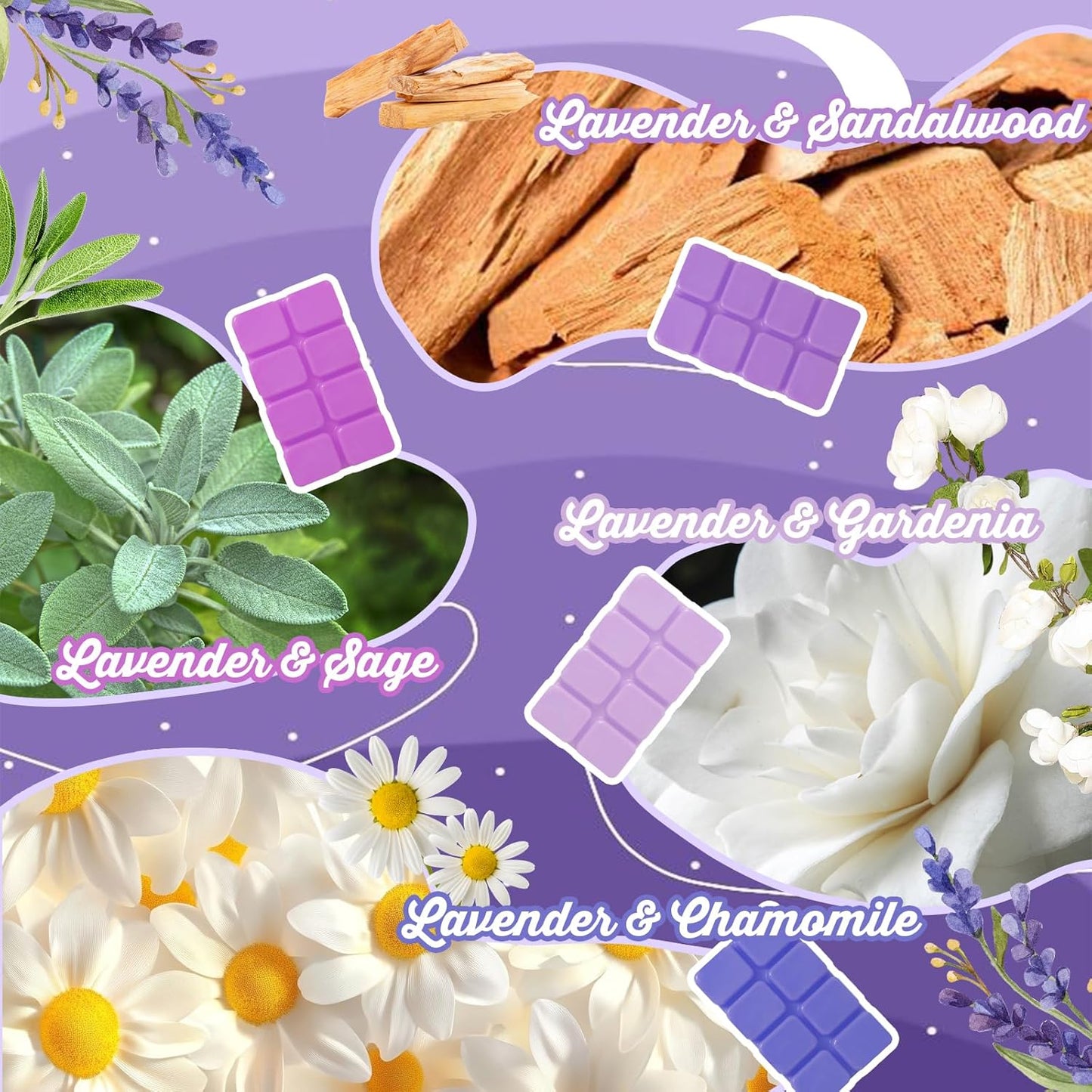 SCENTORINI Wax Melts, Wax Cubes Strong Scent, Long Lasting Lavender Scented for Sleep, Wax Melts for Warmer, 2.5 oz 4-Pack - Lavender & Gardenia, Sage, Chamomile, Sandalwood