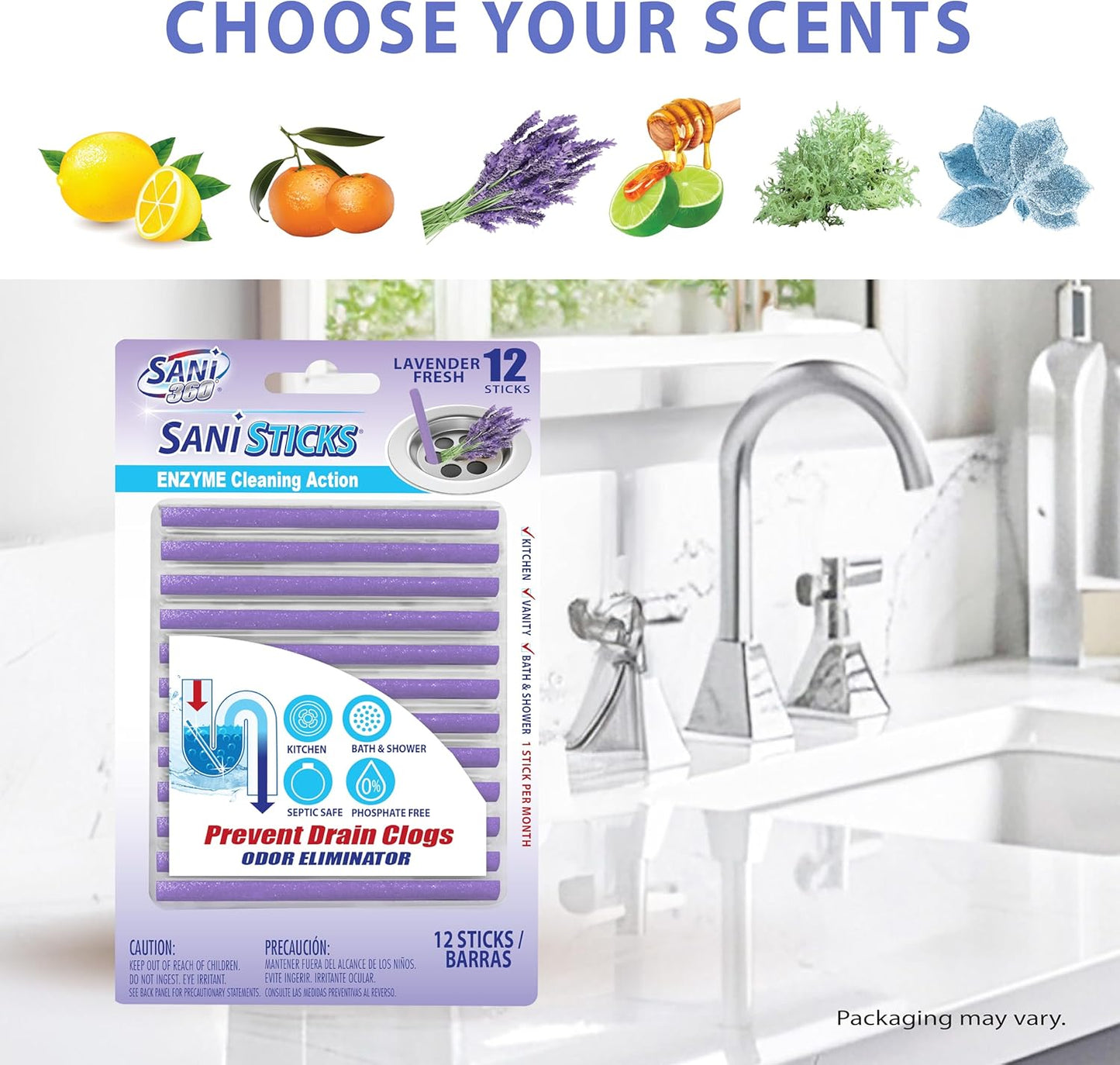 SANI 360° Sani Sticks Drain Cleaner and Deodorizer, 48 Count, Lavender Scent Enzyme Pipe Cleaners, Eliminate Odors, Prevent Clogged Drains, Safe for Sinks, Bathtub Drains, Septic Tanks