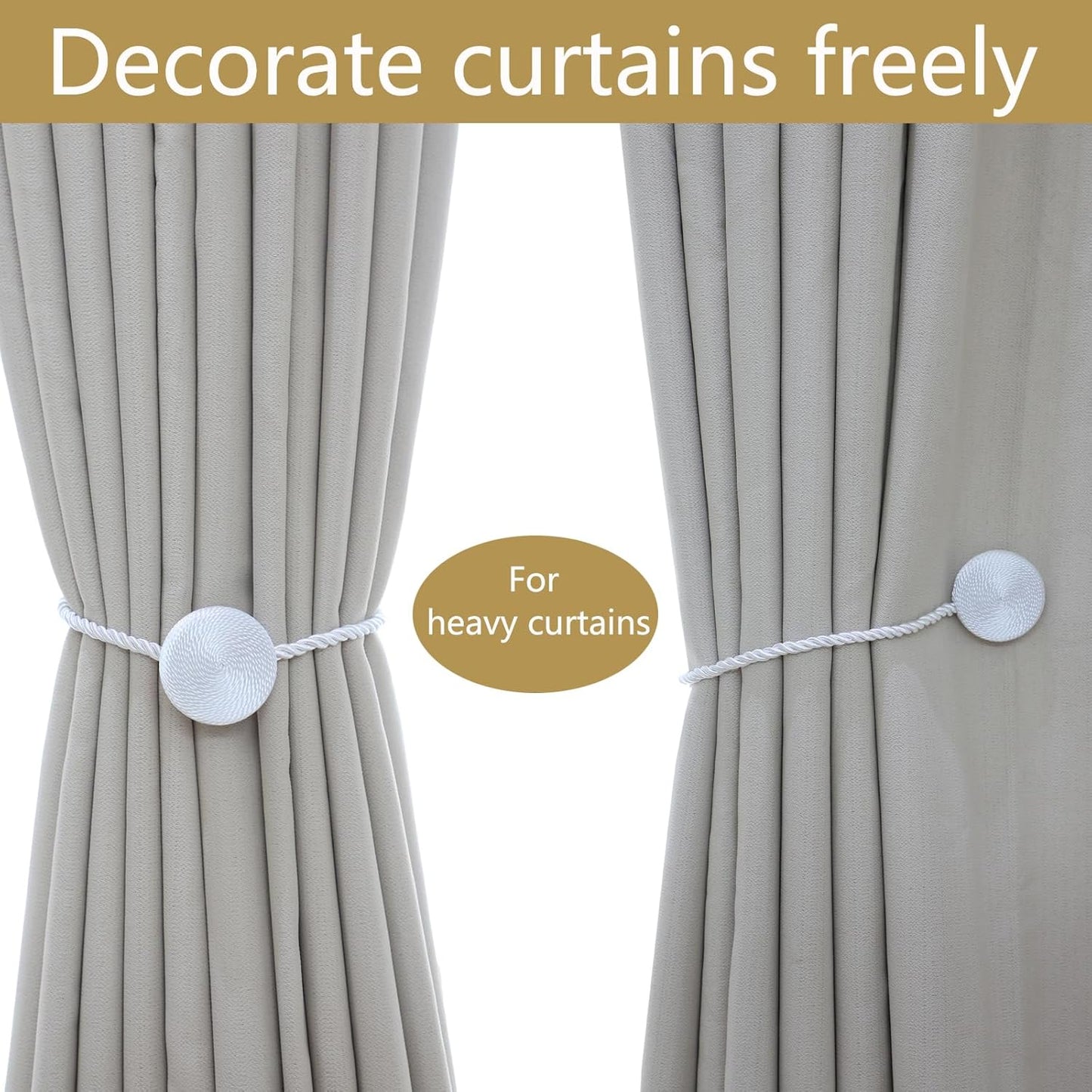 Magnetic Curtain Tiebacks - 12mm Magnetic Tie Backs for Curtains, Heavy Duty No Drill Curtain Holdbacks for Home/Office Windows Drapes, Elegant Gift-Ready Design 7 Colors (4, White)