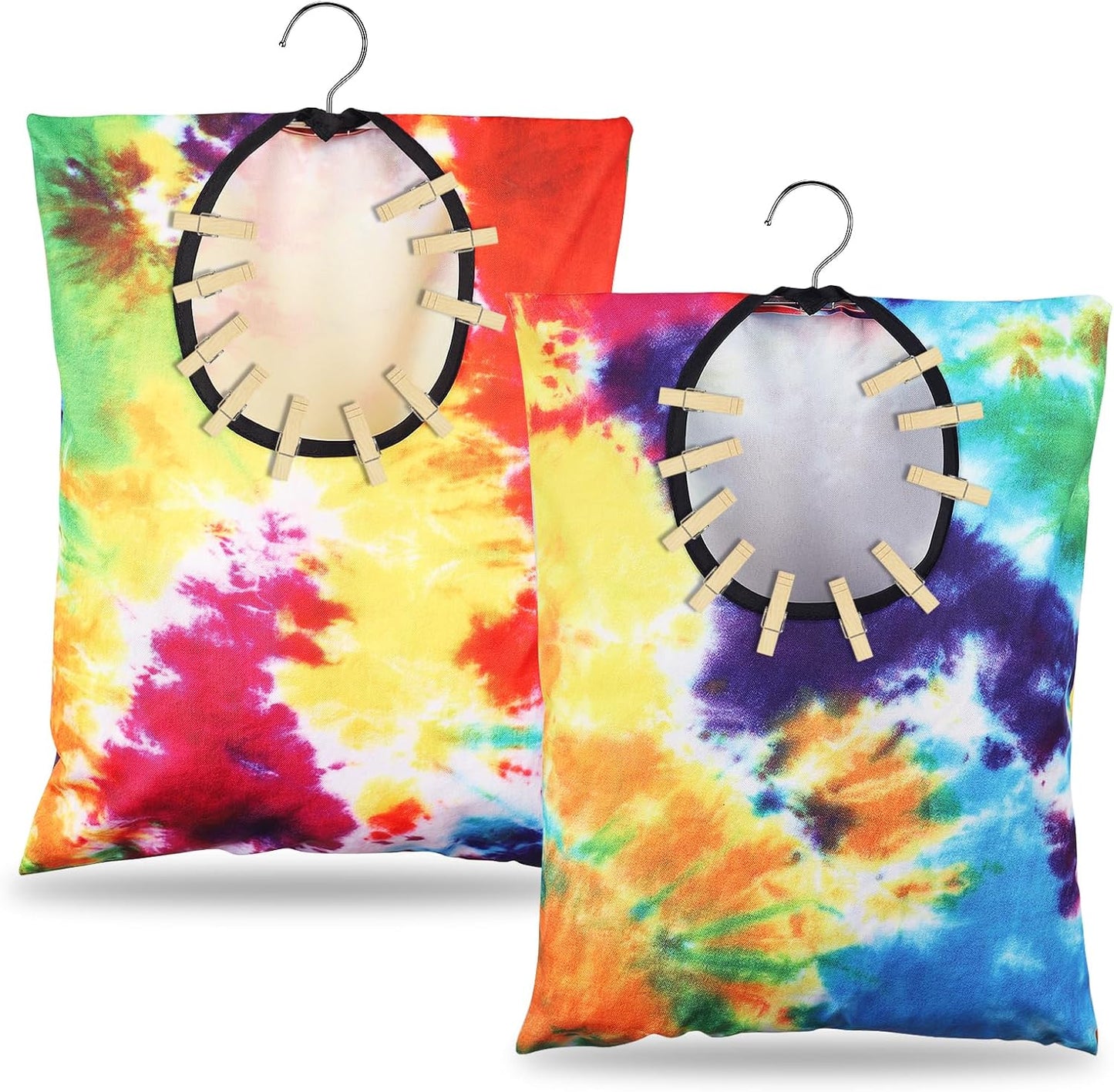 YLOLUL 2 Pcs Tie Dye Clothes Pin Bag with Hanging Hook, 15 x 11 Inch, Multicolor, Canvas & Polyester, Water Resistant, Clothespin Organizer Bag