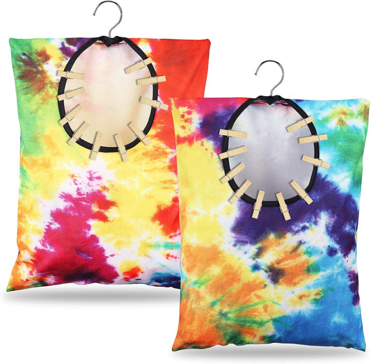 YLOLUL 2 Pcs Tie Dye Clothes Pin Bag with Hanging Hook, 15 x 11 Inch, Multicolor, Canvas & Polyester, Water Resistant, Clothespin Organizer Bag