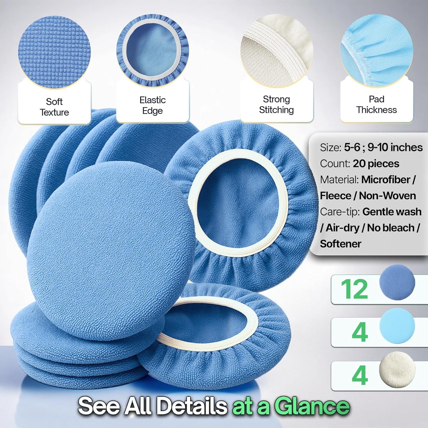 6 Pack Buffing Pads, Polishing Pad Covers, Microfiber & Wool for 5–6 Inch Buffer Polisher; Car Buffer Accessories for Car Detailing Kit; Wax, Polishing Compound & Polish Finishing, Durable Set