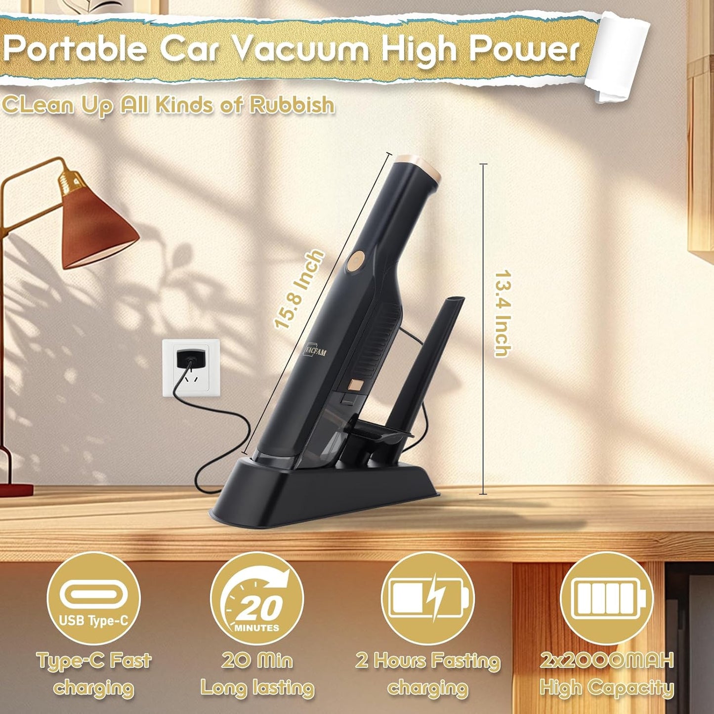 Handheld Vacuum Cordless, High Power Suction, USB Quick Charge, Car Vacuum Cleaner with Storage Dock, HEPA Filter, Lightweight Rechargeable Dust Buster with Crevice Tool & Pet Brush Hand Vac for Home