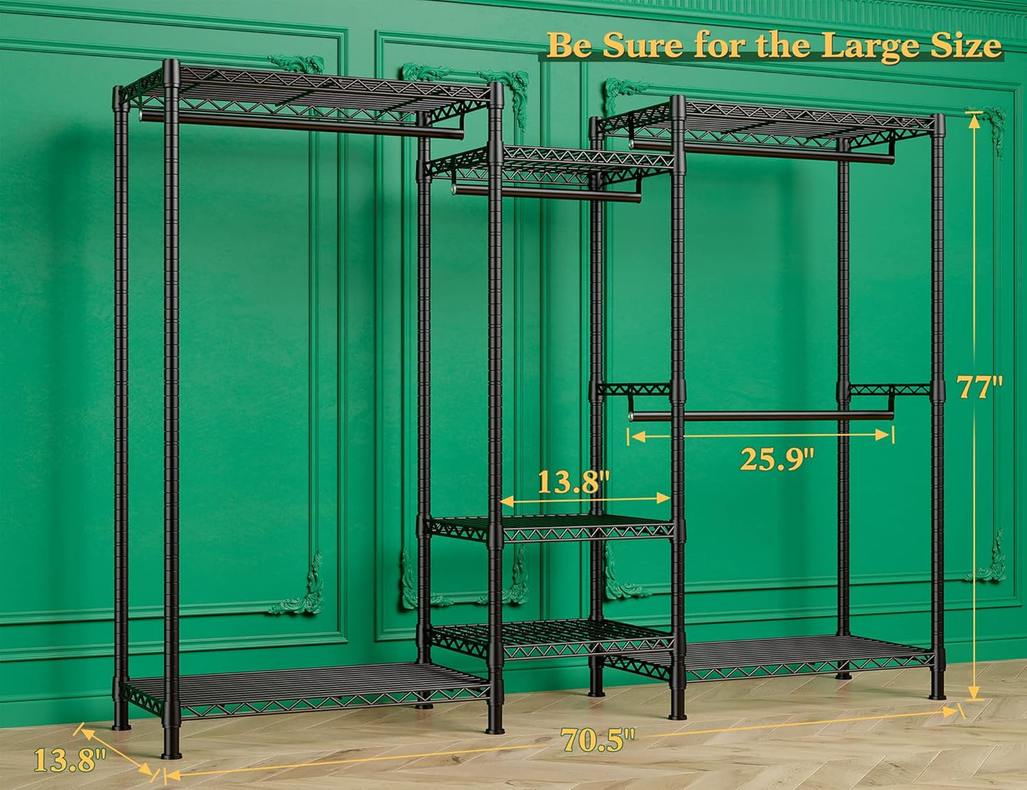 Raybee Clothes Rack, 725 LBS Clothing Rack Adjustable Clothing Racks for Hanging Clothes Metal Wire Garment Racks Sturdy Clothes Rack, 77" H x 70.5" W x 13.8" D, Black