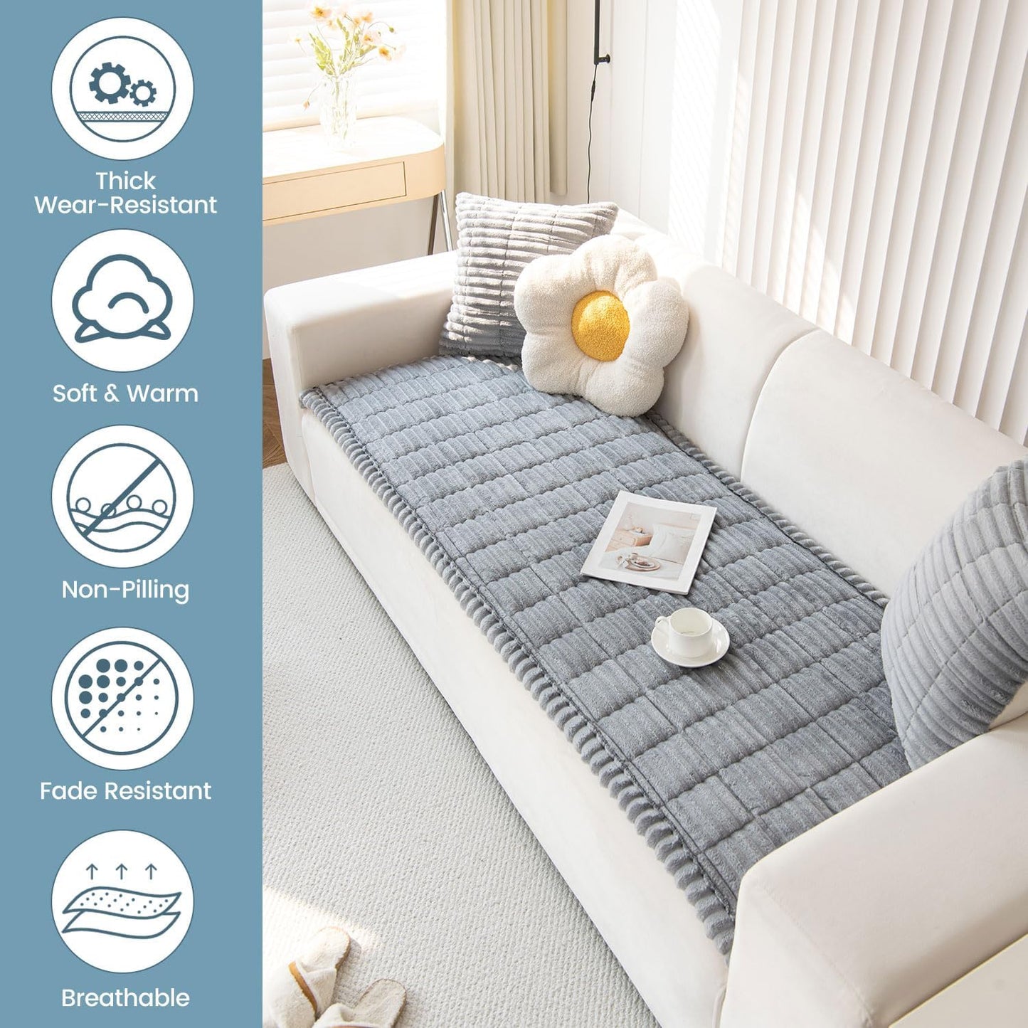 OTOB Couch Cover for Dogs Washable, Non Slip Plush Fuzzy Sofa Covers for 3 Cushion Couch Pet Friendly, Soft All Seasons Sofa Slipcover Cozy Furniture Protector (Gray, 31.5" x 82.7")