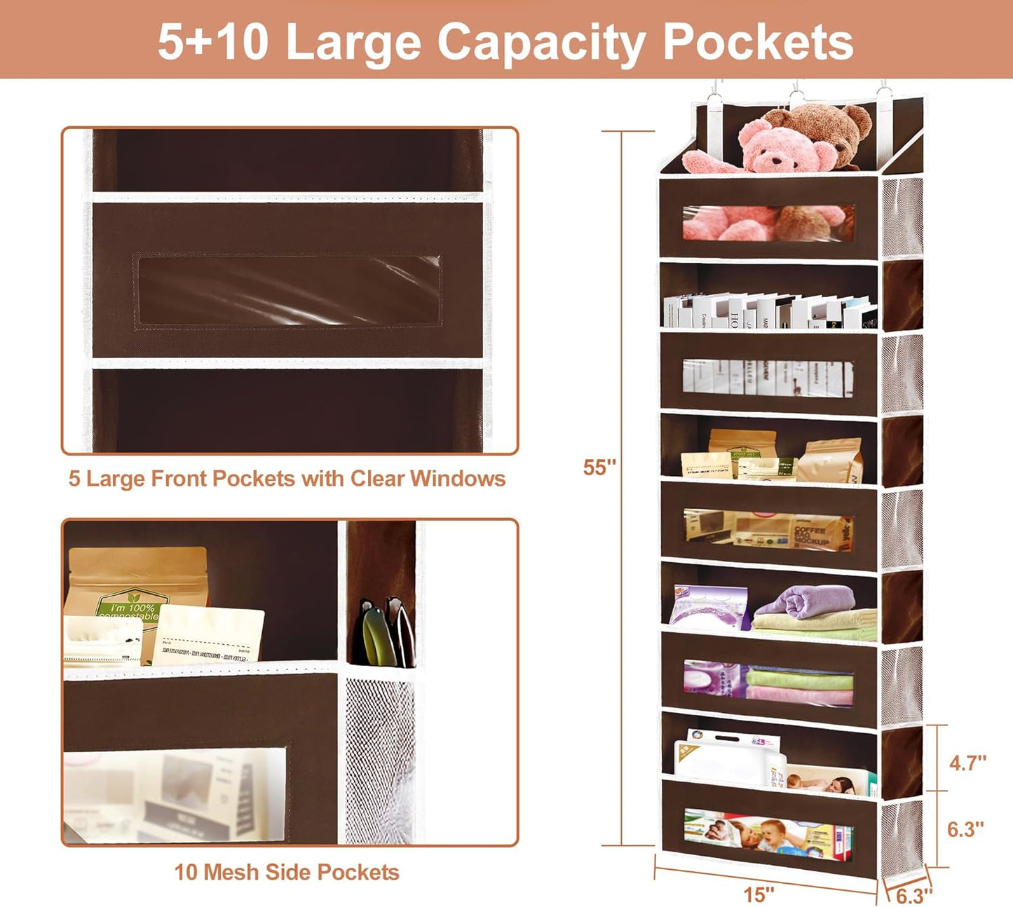 2 Packs 5-Tier Over the Door Storage Organizer with 10 Side Mesh Pockets, 48 lbs Load Capacity, 3 Hooks Design, Hanging Organizer with Clear Windows for Bathroom, Bedroom, Nursery, Kitchen-Brown
