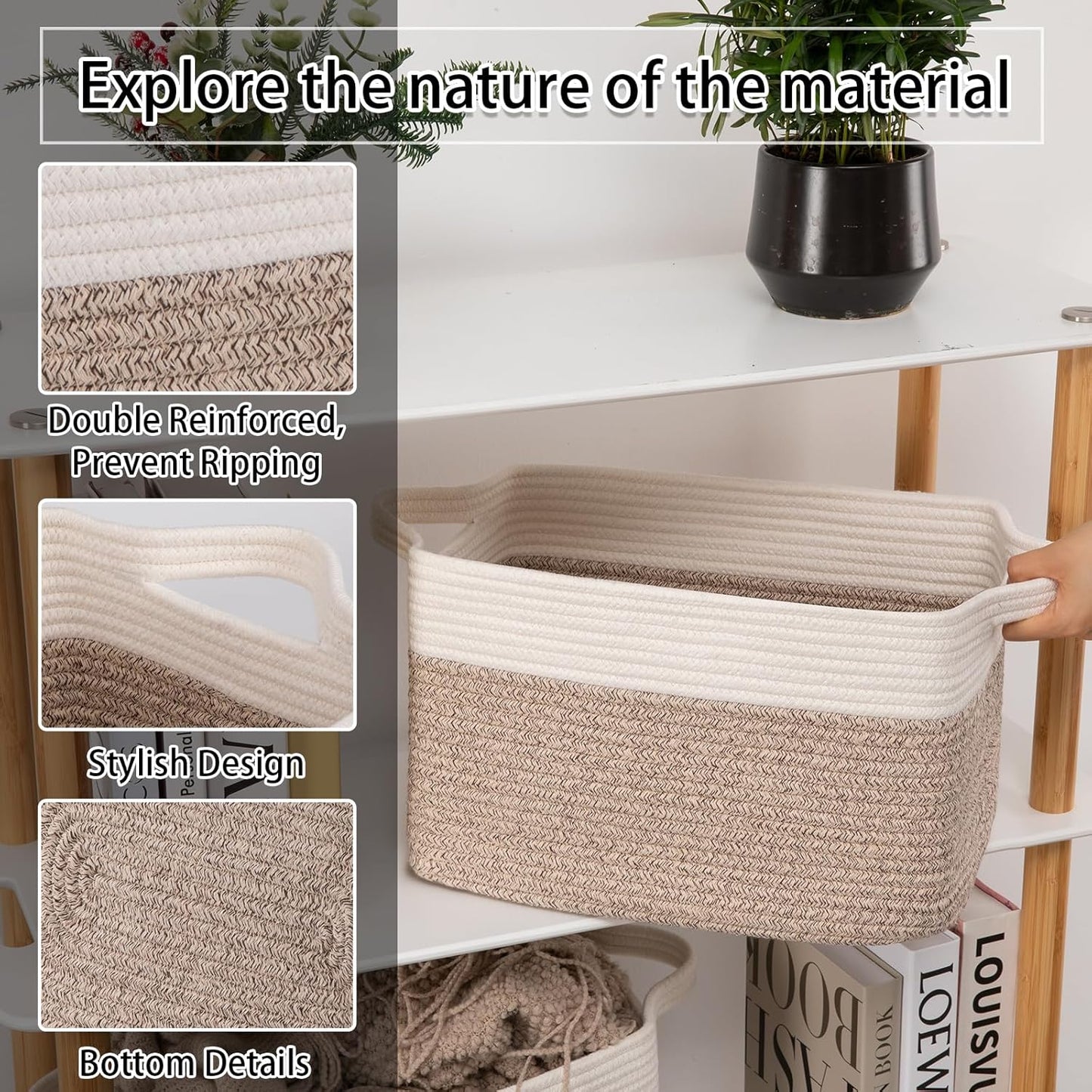 OIAHOMY 3 Pack Storage Baskets for Organizing, 13''X9.85''X8.7'' Storage Bins,Woven Basket with Handles, Toy Storage Bin,Stylish Room Decor Basket, white & Brown variegated