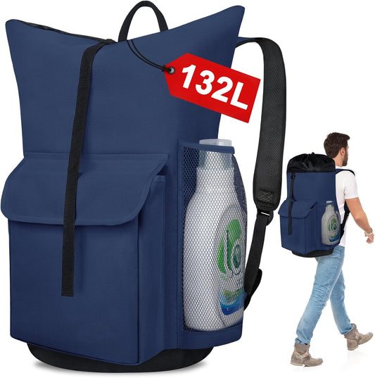 Laundry Backpack Bag, 132L Extra Large Heavy Duty Laundry Backpack for College Dorm Essentials, Laundry Hamper Travel Bag with Shoulder Straps and Mesh Wash Bags for Laundromat, Apartment Blue
