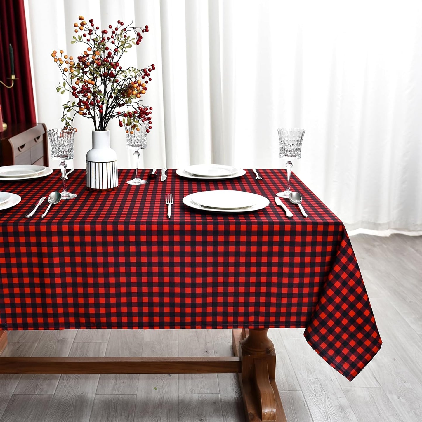 Classic Gingham Buffalo Xmas Tablecloth Fabric - Oblong 58x144 Inch Water Proof Checkered Table Cloth for Indoor Outdoor - Red Christmas Plaid Table Cover for Christmas, Holiday, New Year