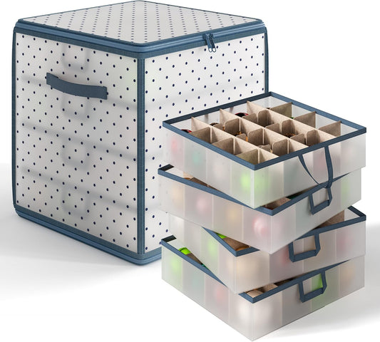 Hearth & Harbor Christmas Ornament Storage Box With 4 Inner Tray Dividers - Plastic Ornament Storage Container For 64 Holiday Ornaments or Decorations