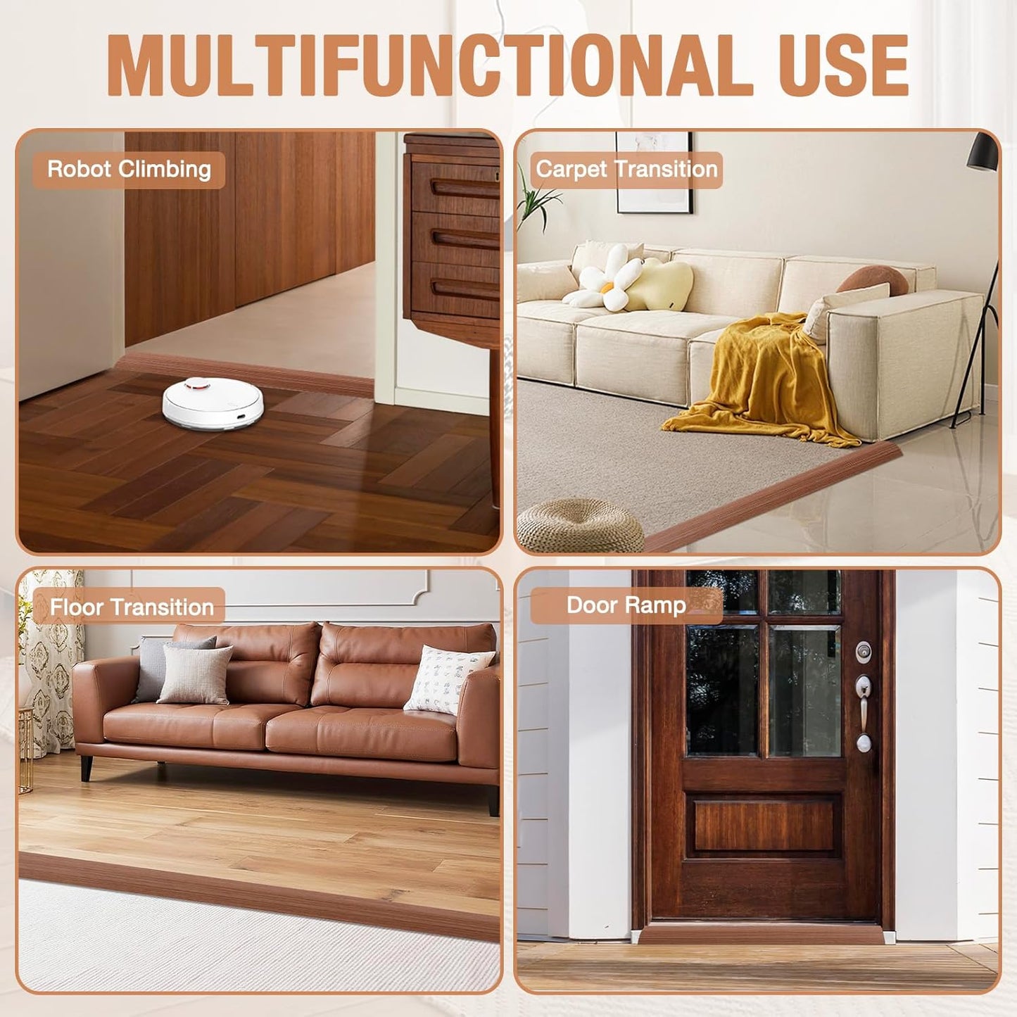 Floor Transition Strip Self Adhesive Vinyl Door Threshold for Doorways Carpet Edging Trim Overlap Edge Reducer for Laminate Floor, Carpet, Tile (Light Brown Wood Grain, 3/5" to 4/5", 10Ft)