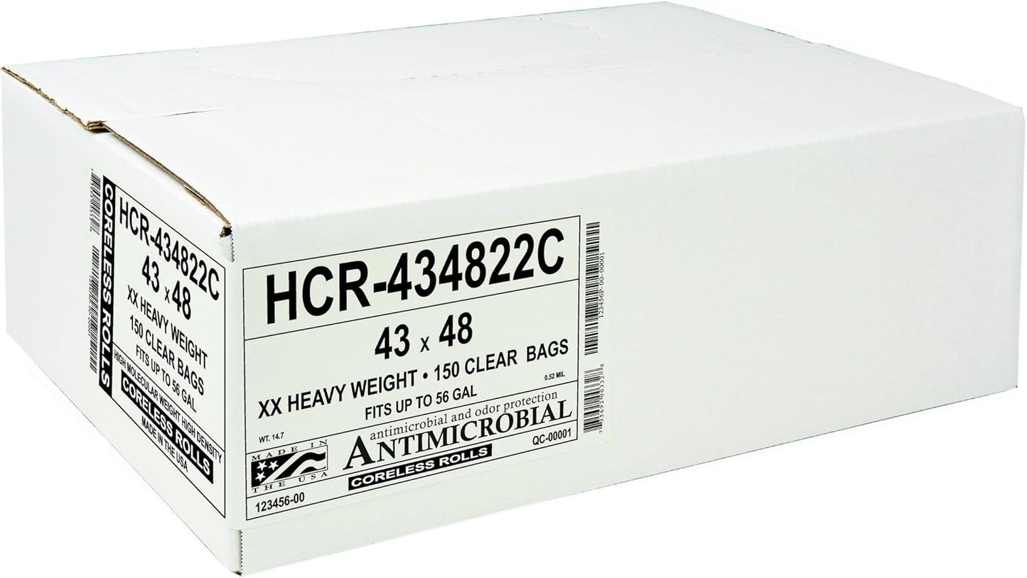 Aluf Plastics High Density Trash Bags, 56 Gallon, 150 Count, 22 Micron (eq), 43" x 48", Clear, for Bathroom, Office, Industrial, Commercial, Janitorial, Municipal, Recycling