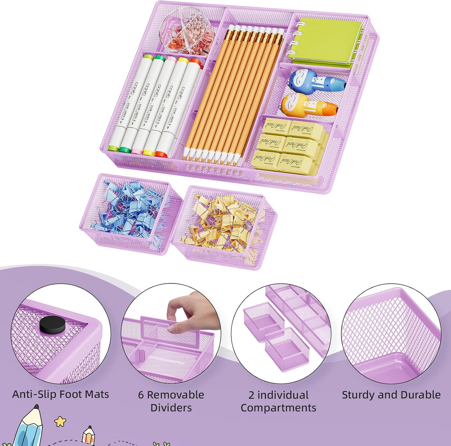 Marbrasse 3 Packs Desk Drawer Organizers, Metal Mesh Dividers with 9 Adjustable Compartments, Pen Organizer for Drawer Tray Box Accessories for Desktop,Kitchen, Makeup(Purple)