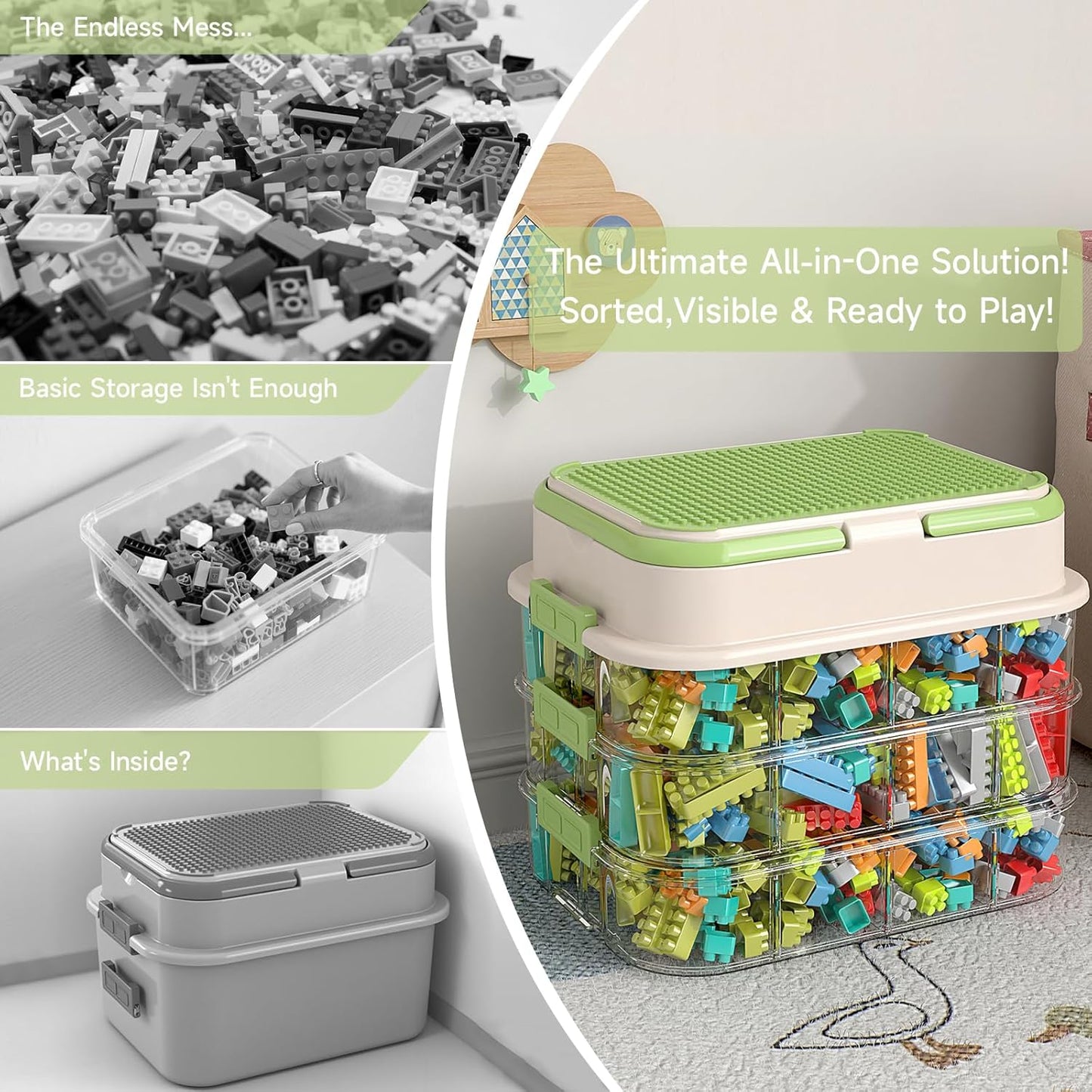 Toy Storage Organizer Box with Handle, Stackable Building Block Toy Box with Building Plate Lid & Removable Sorting Trays, Cubby Bins and Containers 3 Layer (Green)
