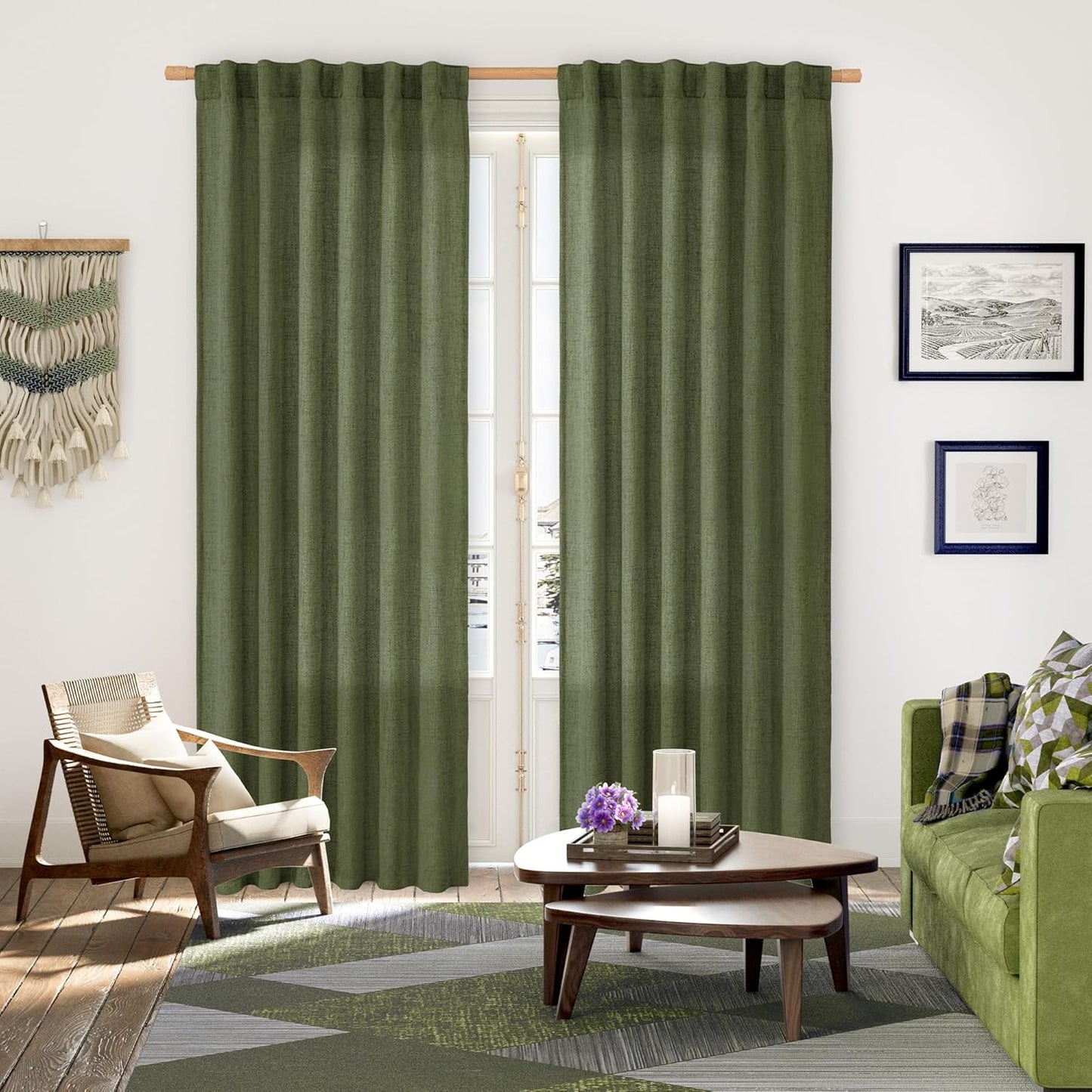 YoungsTex Olive Green Linen Curtains for Living Room 84 Inch Length, Semi Sheer Drapes with Rod Pocket Back Tab Light Filtering Window Treatments for Bedroom Farmhouse, 2 Panels, 52 X 84 Inch